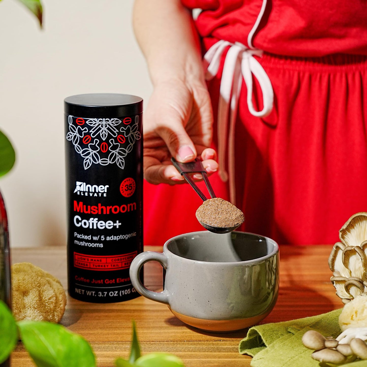 Inner Elevate Mushroom Coffee Superfood with 5 Adaptogenic Mushrooms - Upgraded Coffee Alternative with Half Caffeine - Arabica with Lion's Mane