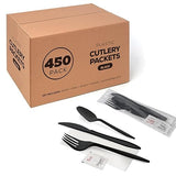 450 Black Plastic Cutlery Packets - Knife, Fork, Spoon, Napkin, Salt, Pepper Sets | Individually Wrapped Silverware Kits, Disposable Bulk To-Go