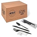 450 Black Plastic Cutlery Packets - Knife, Fork, Spoon, Napkin, Salt, Pepper Sets | Individually Wrapped Silverware Kits, Disposable Bulk To-Go