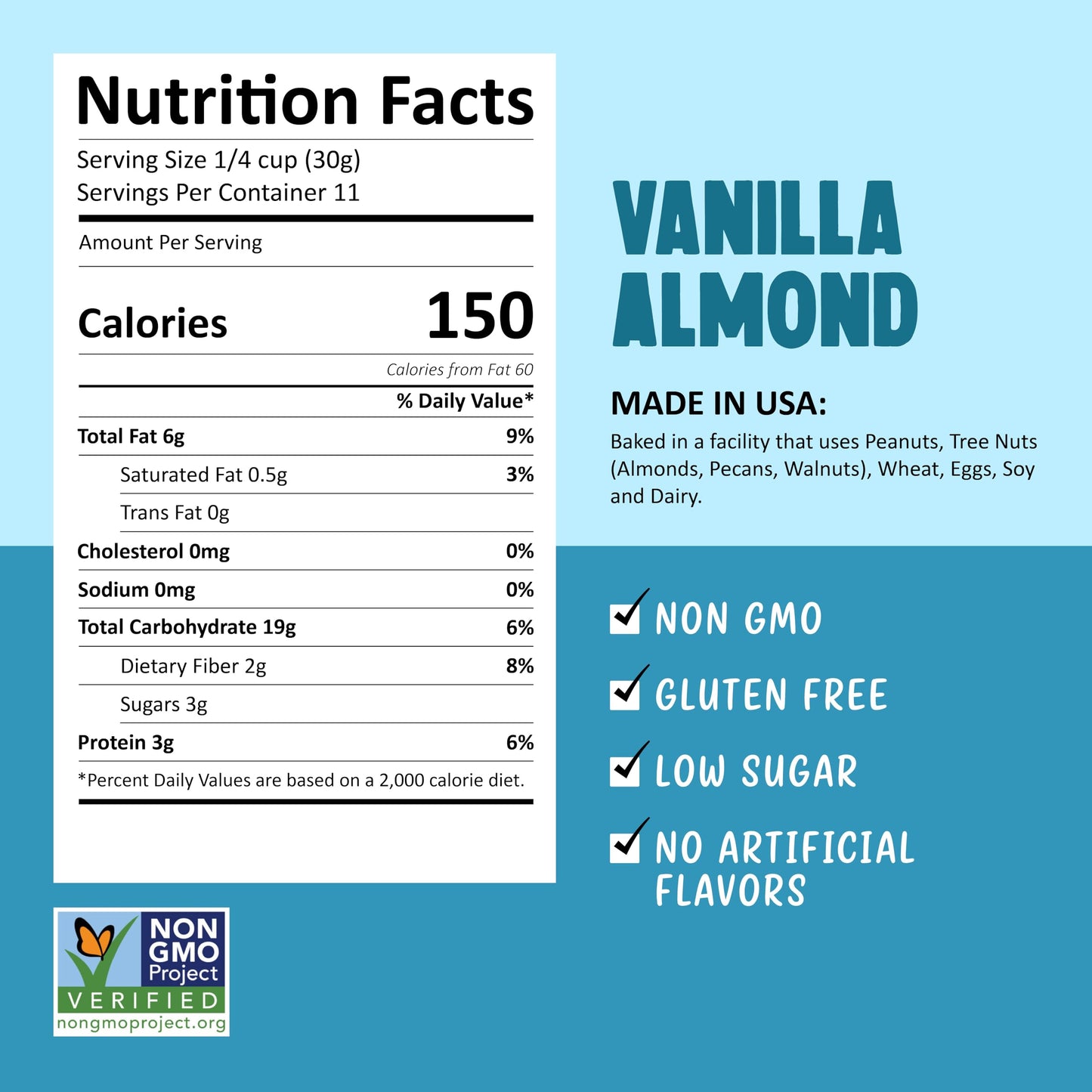Kellys Four Plus Granola Cereal | Vanilla Almond Healthy Granola for Yogurt | Hand Made Snacks for Breakfast - 12 oz