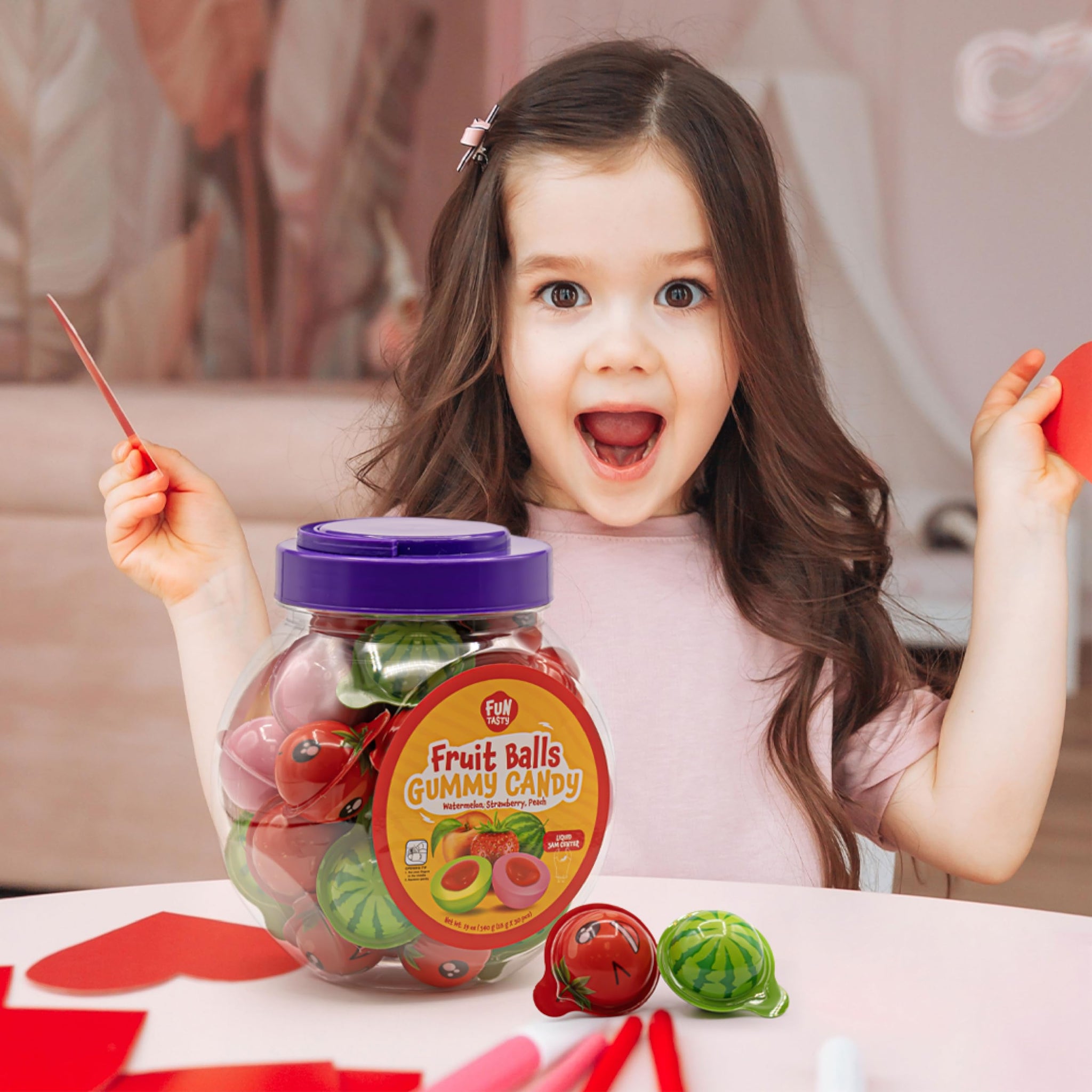 Fruit Gummy Balls Mix - 19 Ounce Jar (30 Count) - Jelly Filled Gummies - Individually Wrapped Gummy Candy - Watermelon, Strawberry, Peach - Chewy