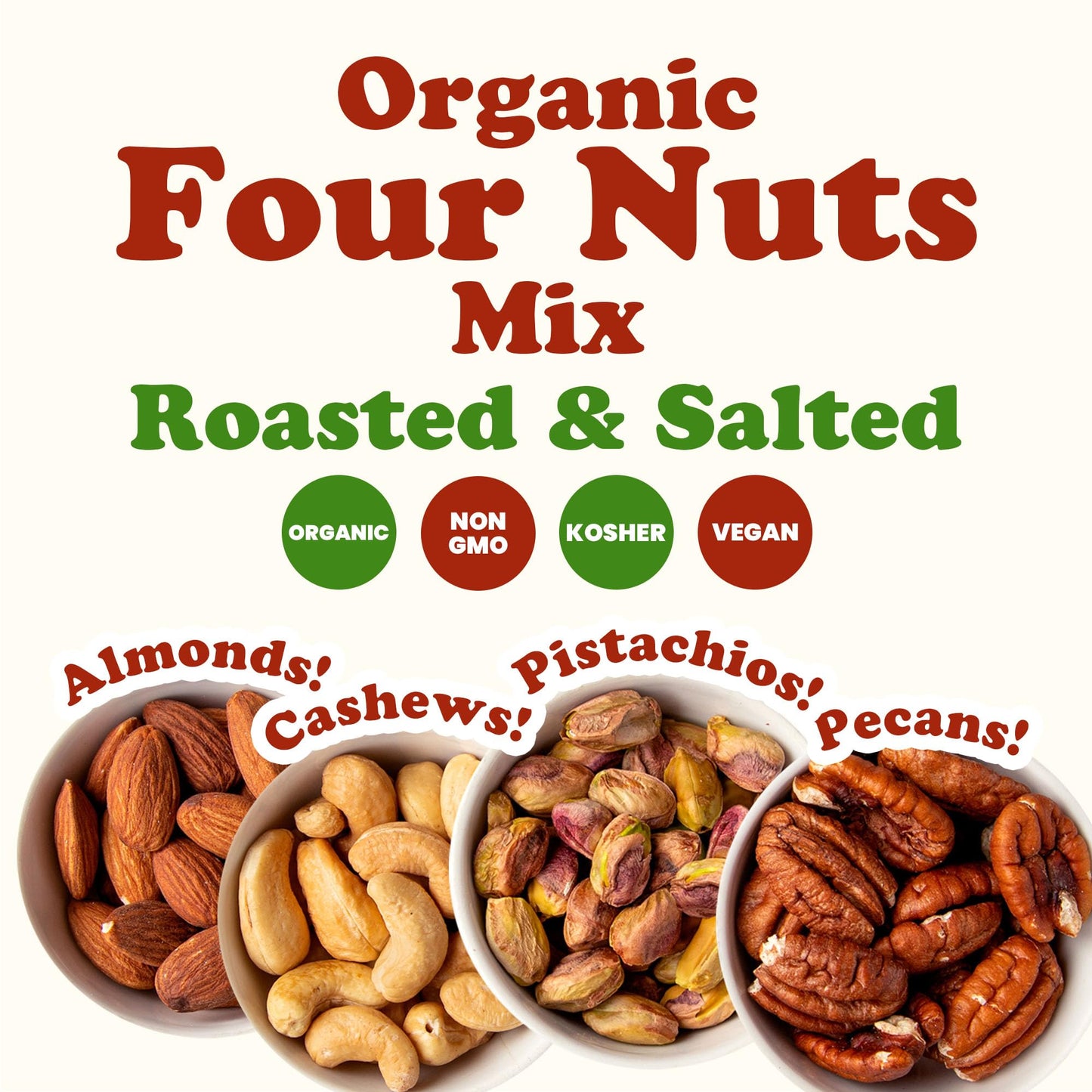 Food to Live Organic Four Nuts Mix, 1 Pound - A Blend of Dry Roasted Pistachios, Almonds, Pecans, Cashews, and Almonds with Himalayan Salt, Trail Mix