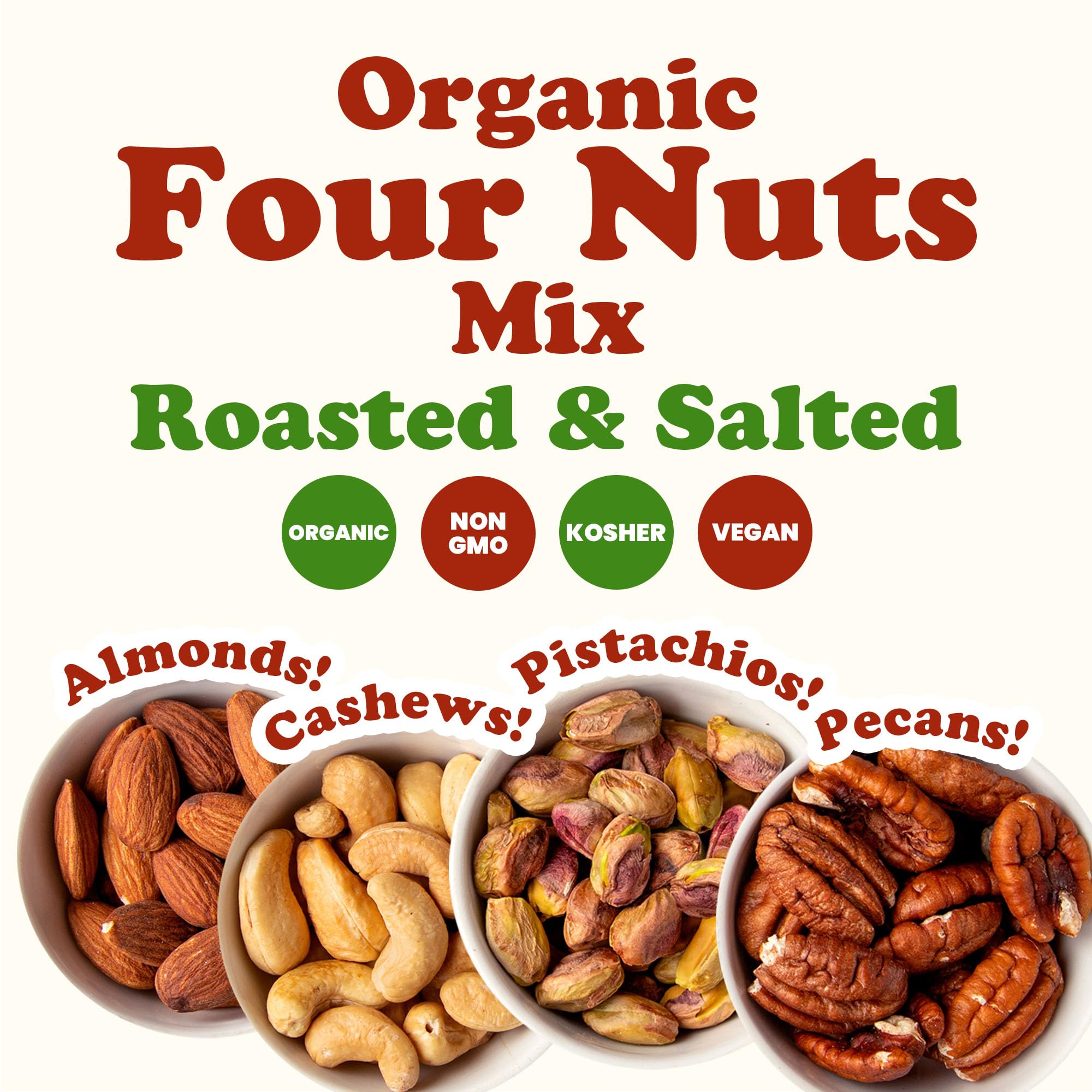 Food to Live Organic Four Nuts Mix, 1 Pound - A Blend of Dry Roasted Pistachios, Almonds, Pecans, Cashews, and Almonds with Himalayan Salt, Trail Mix