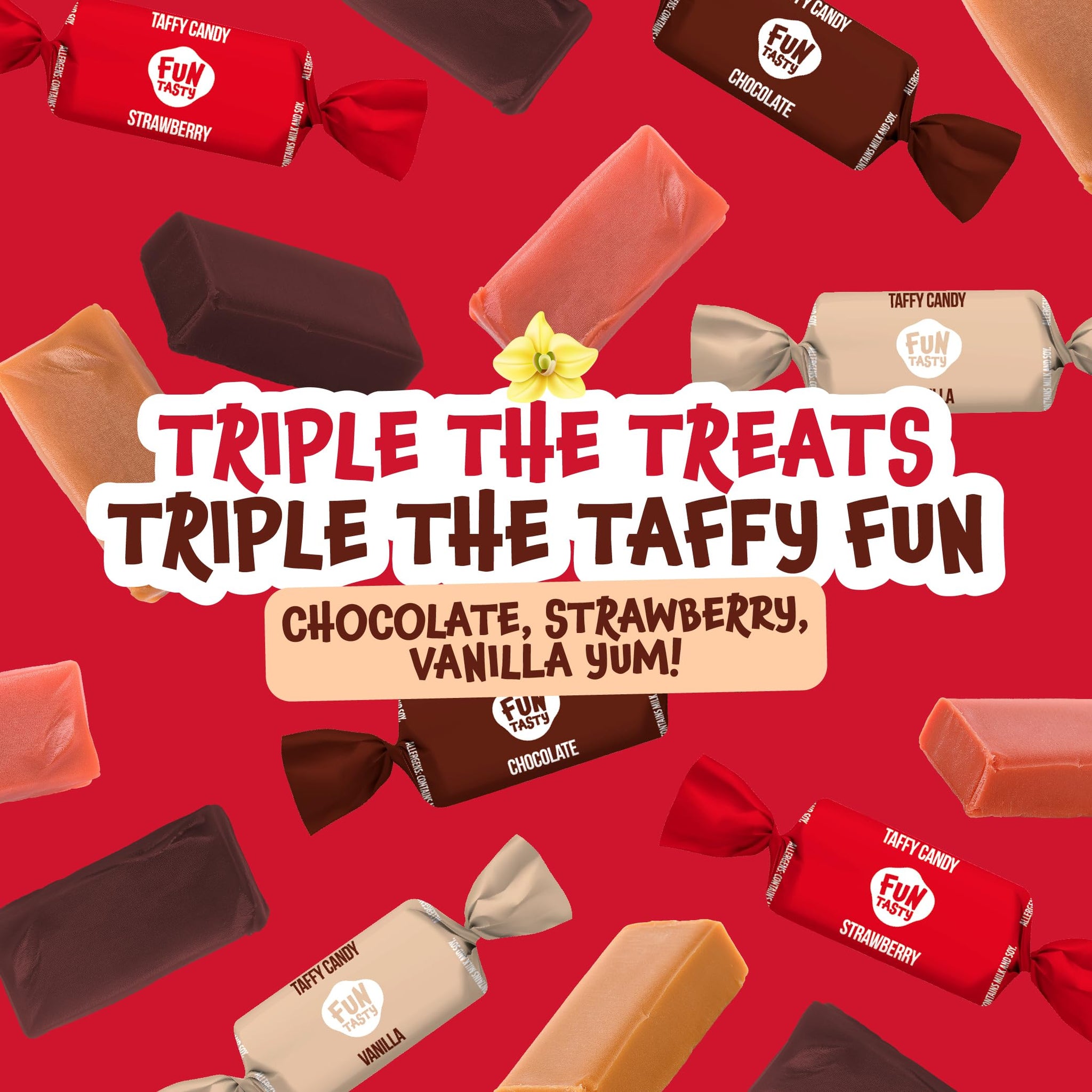 Taffy Candy - 2 Pound Bulk Pack (150 Count) - Old Fasioned Candy - Individually Wrapped Premium Assorted Caramels - Vanilla, Chocolate, Strawberry