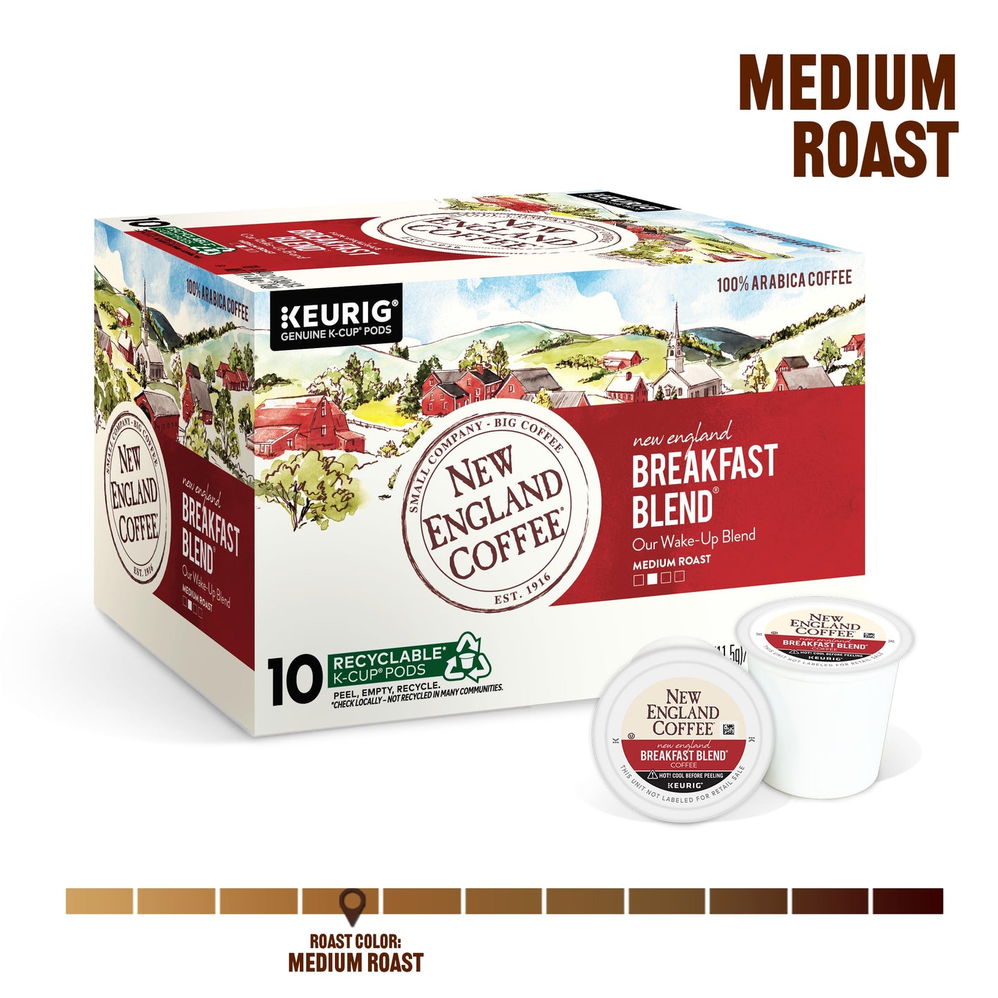 New England Coffee Single Serve Pods, Breakfast Blend Medium Roast 10 Count (Pack of 1)
