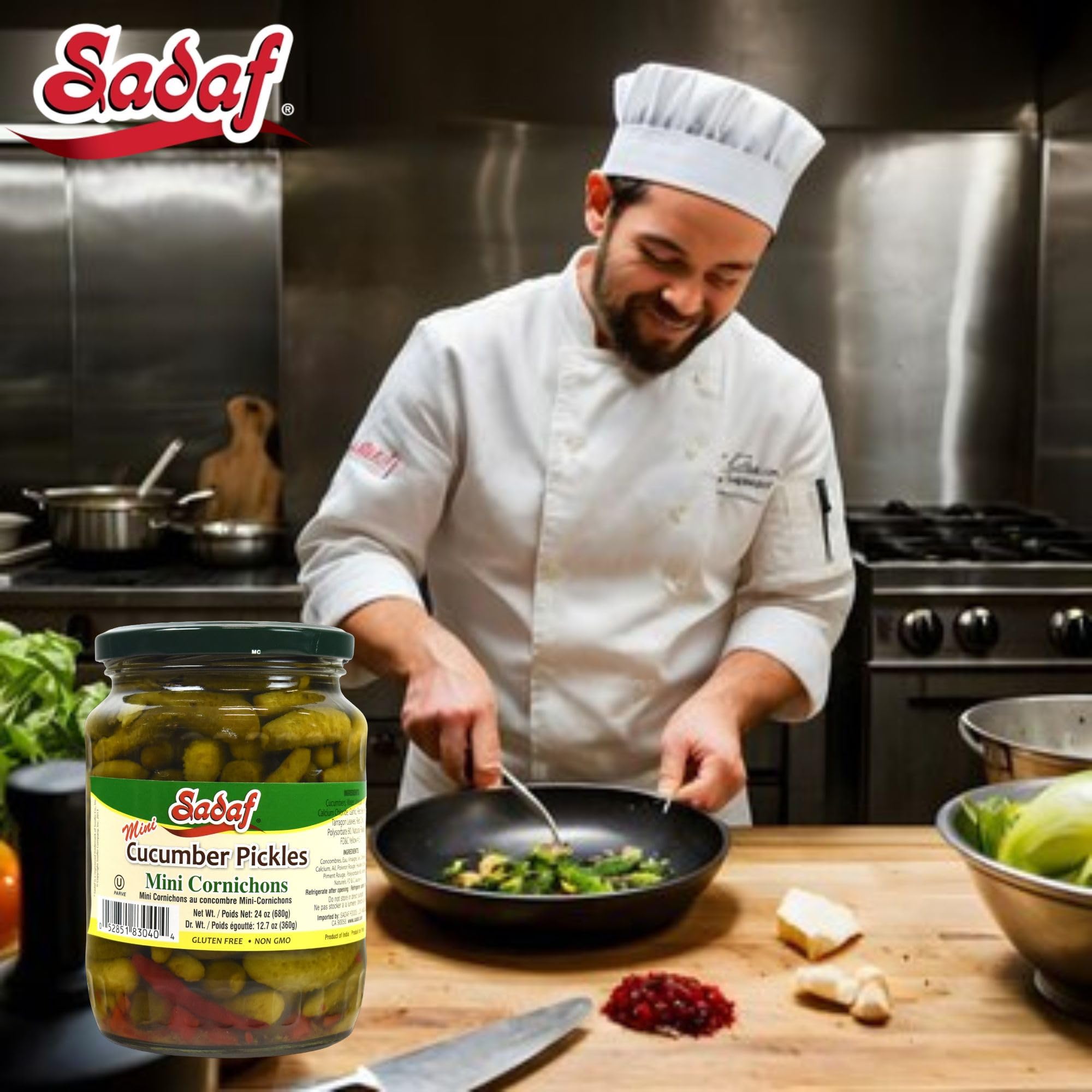 Sadaf Mini Cornichons Pickles - Cucumbers Pickles for Cooking & Snacking - Mini Cucumbers Pickled - Gluten Free - Non-GMO - Kosher - 24 oz Jar