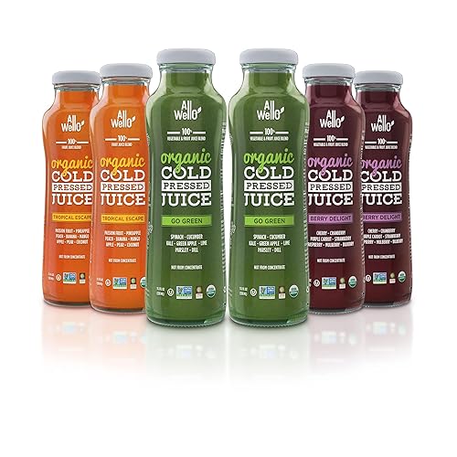 ALLWELLO Organic Cold Pressed Juice Drinks with Real Fruits and Vegetables Gluten Free Non-GMO Healthy Juices No Preservatives No Sugar Added, 6 PK