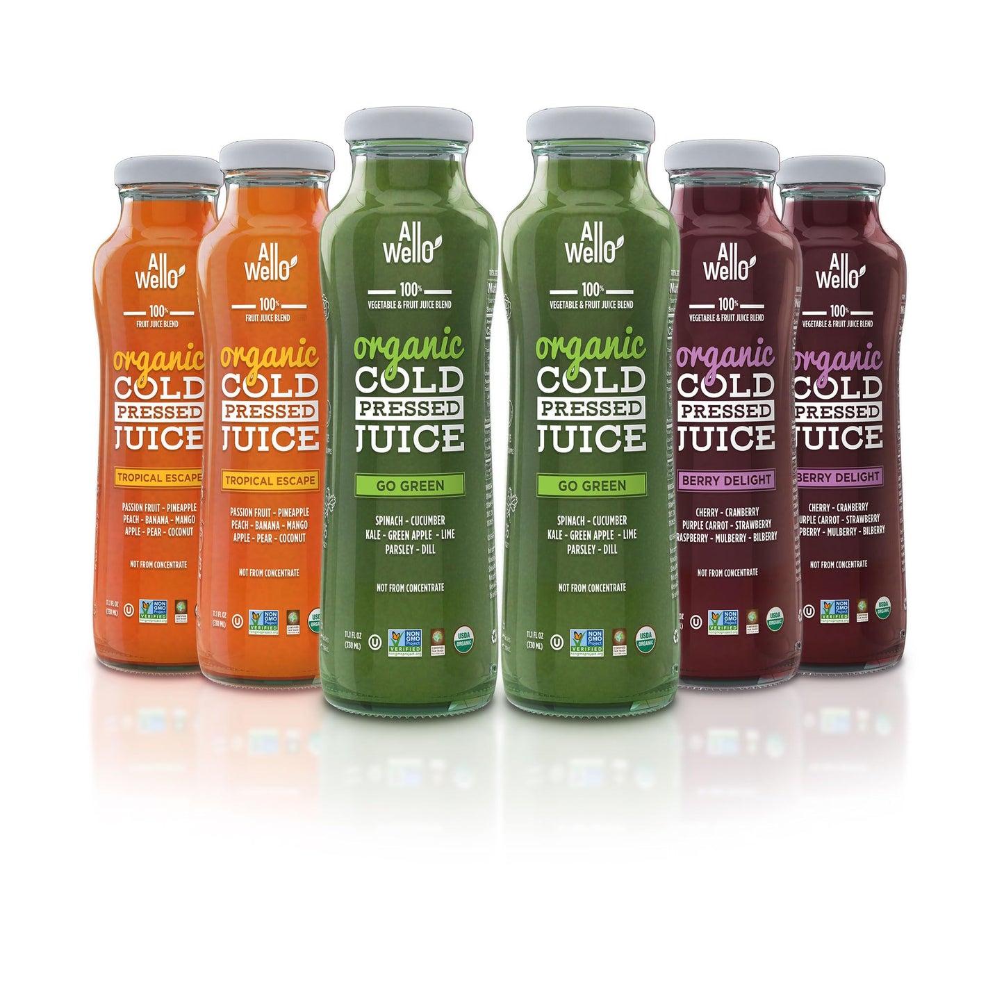 ALLWELLO Organic Cold Pressed Juice Drinks with Real Fruits and Vegetables Gluten Free Non-GMO Healthy Juices No Preservatives No Sugar Added, 6 PK