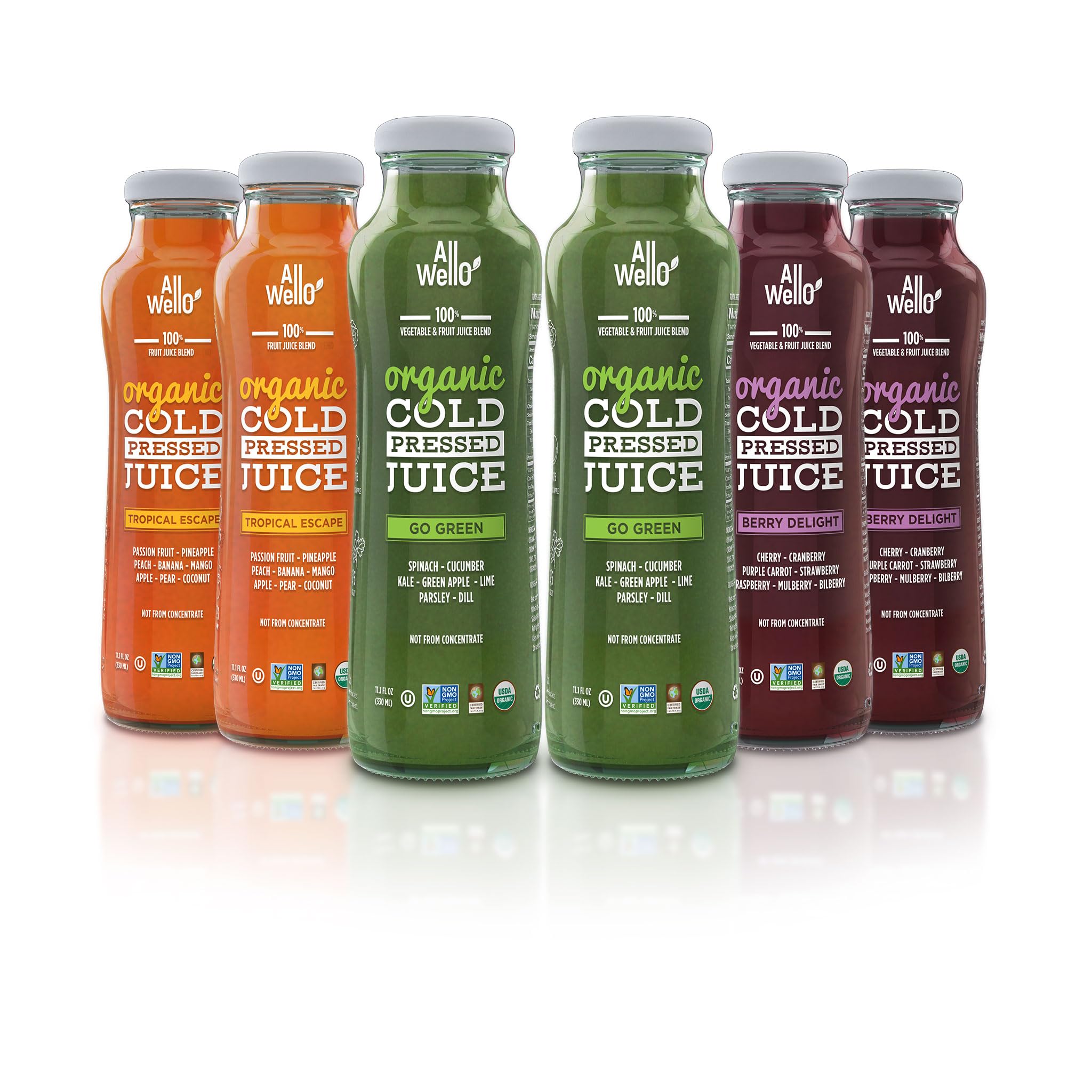 ALLWELLO Organic Cold Pressed Juice Drinks with Real Fruits and Vegetables Gluten Free Non-GMO Healthy Juices No Preservatives No Sugar Added, 6 PK