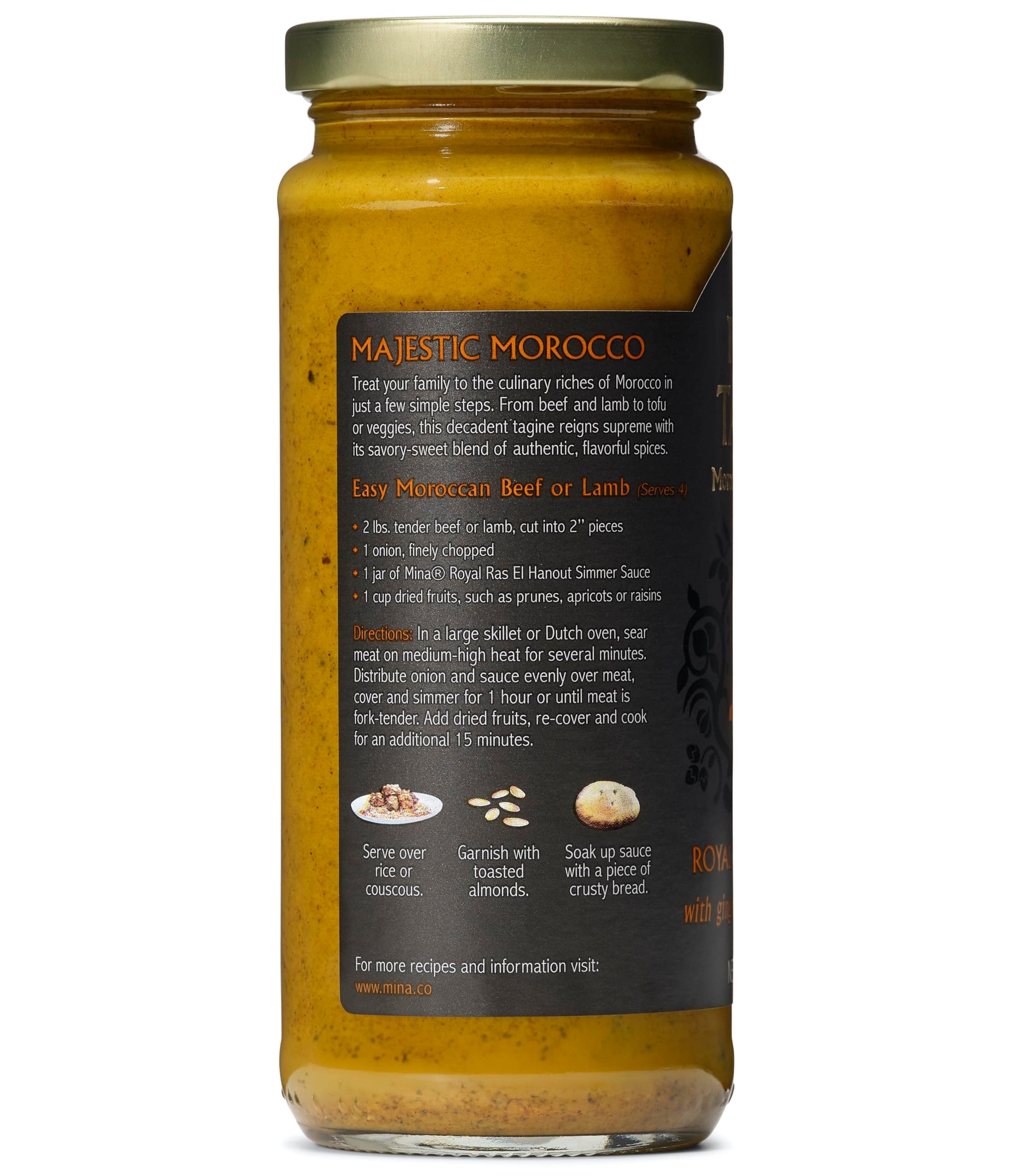 Mina Tagine Moroccan Simmer Sauce, 12 oz - Royal Ras El Hanout Spice Blend for Beef & Lamb, Tagine Sauce Made with Ginger, Cinnamon, Saffron, Olive