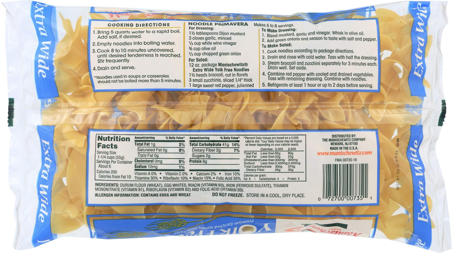 Manischewitz Extra Wide Yolk Free Noodles, 12 OZ