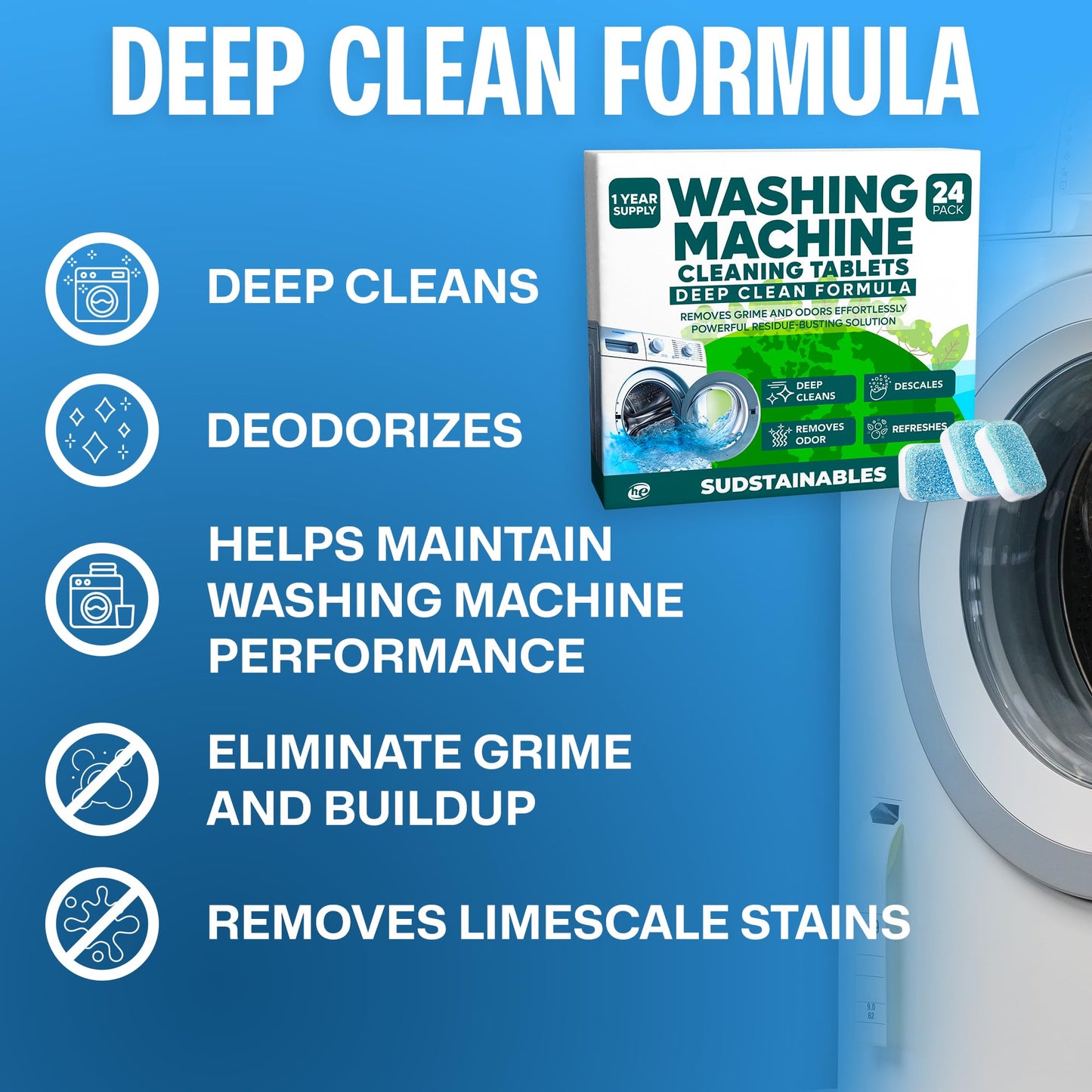 Sudstainables Washing Machine Cleaner Tablets (24-Pack) - Deep Clean Odor & Residue Remover for Front & Top Load Washers, HE & Septic Safe Washing
