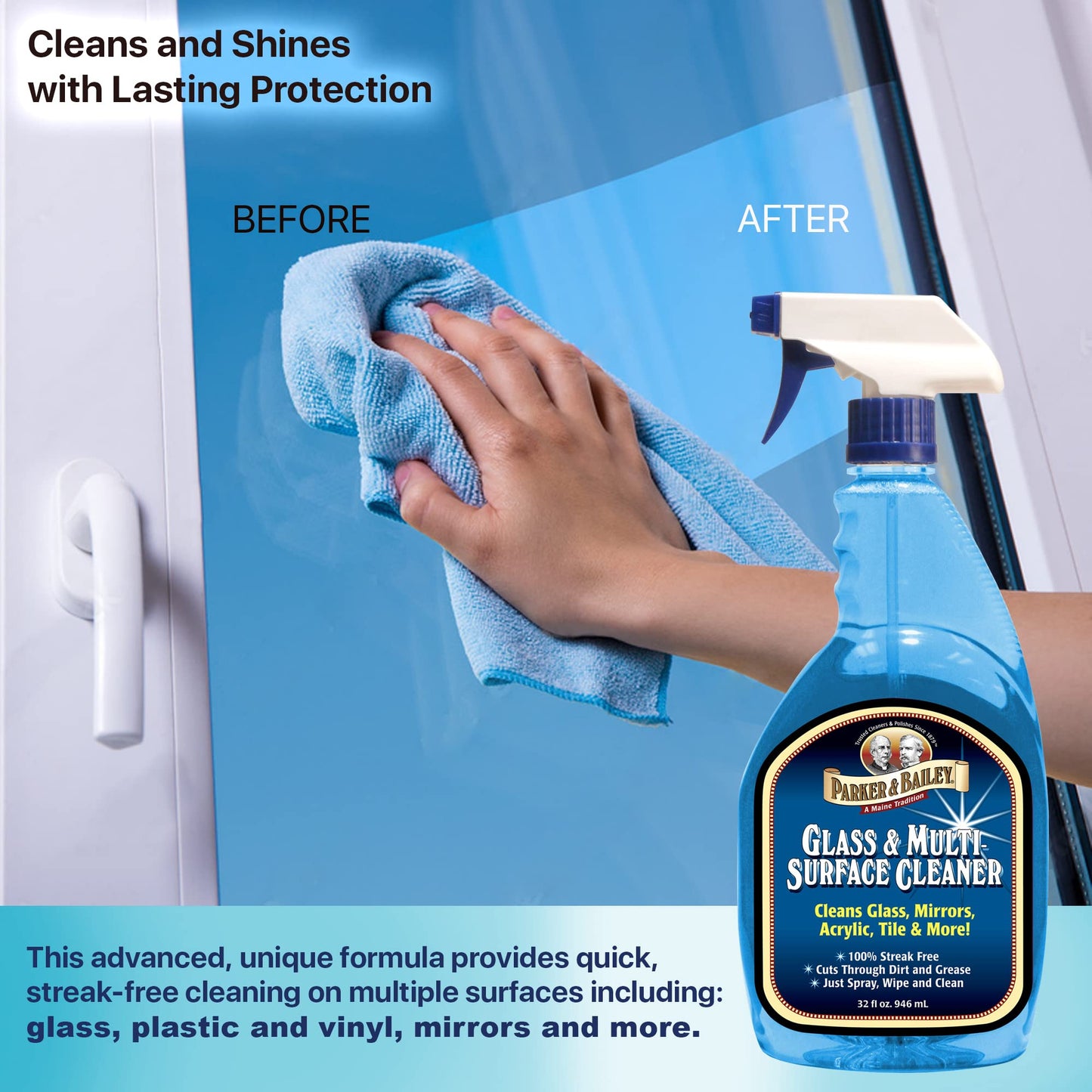 Parker & Bailey Glass & Multi-Surface Cleaner - Glass Cleaner Spray Multi Surface Cleaner Cleaning Spray Mirror Cleaner Tile Cleaner Bathroom Cleaner