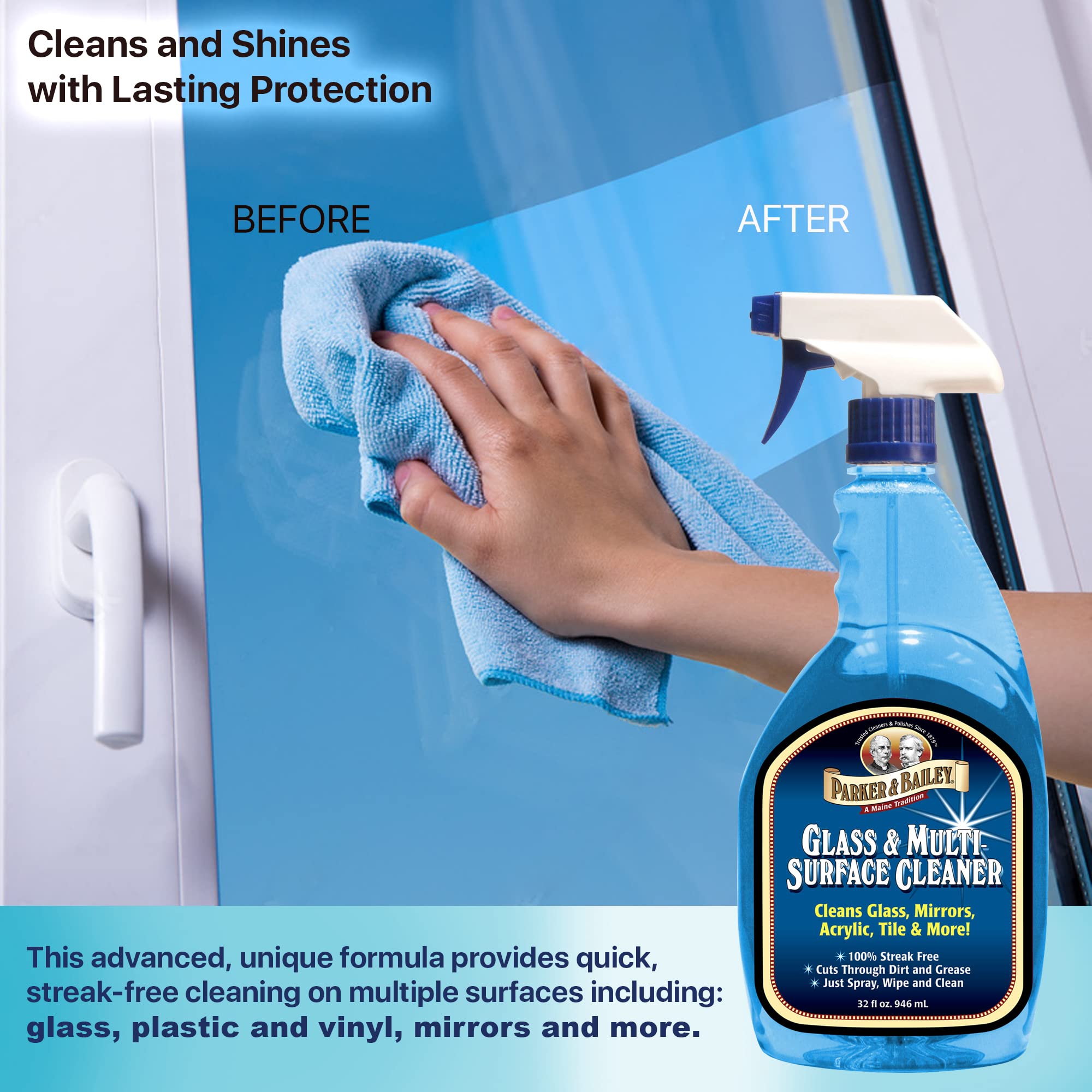 Parker & Bailey Glass & Multi-Surface Cleaner - Glass Cleaner Spray Multi Surface Cleaner Cleaning Spray Mirror Cleaner Tile Cleaner Bathroom Cleaner