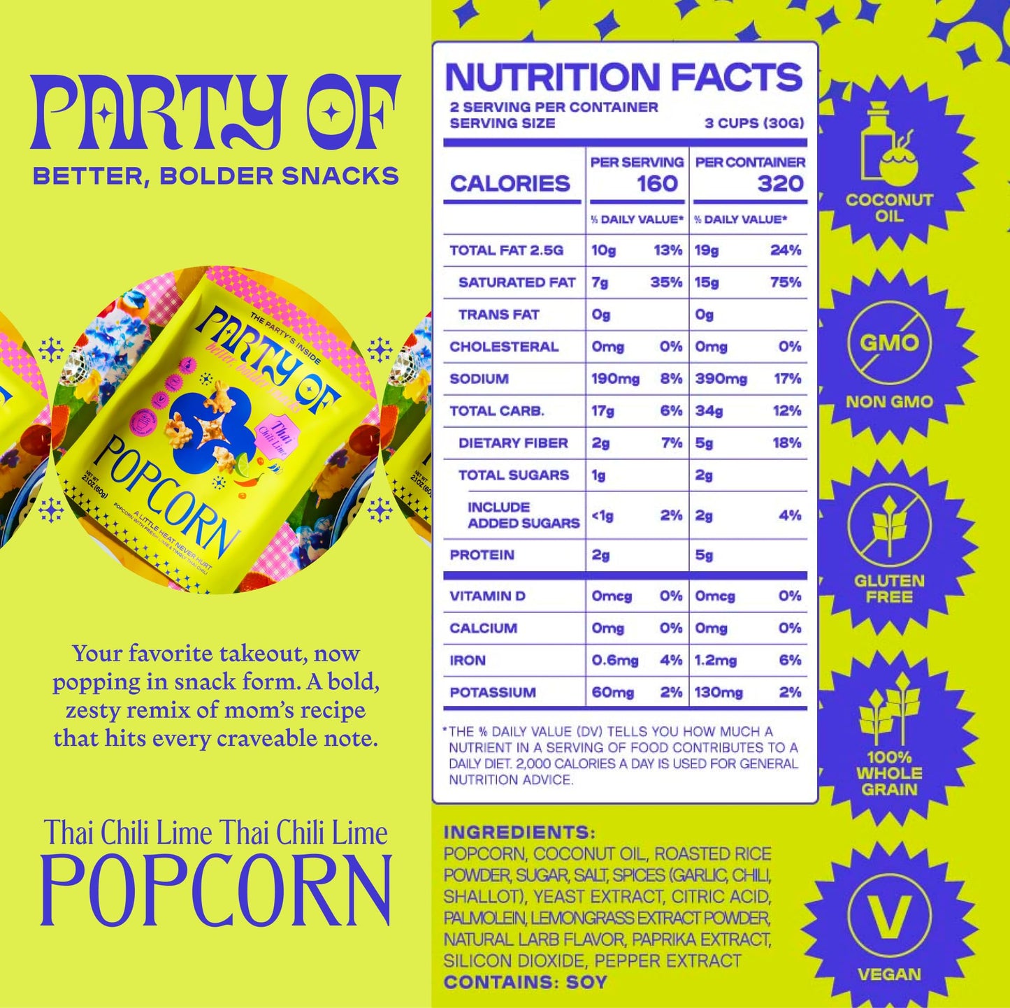 Party of Thai Chili Lime Popcorn Snack - Savory Citrus Heat with Spicy Kick - Gluten-Free, Veggie-Based, Healthy Snack - Individually Wrapped for Easy