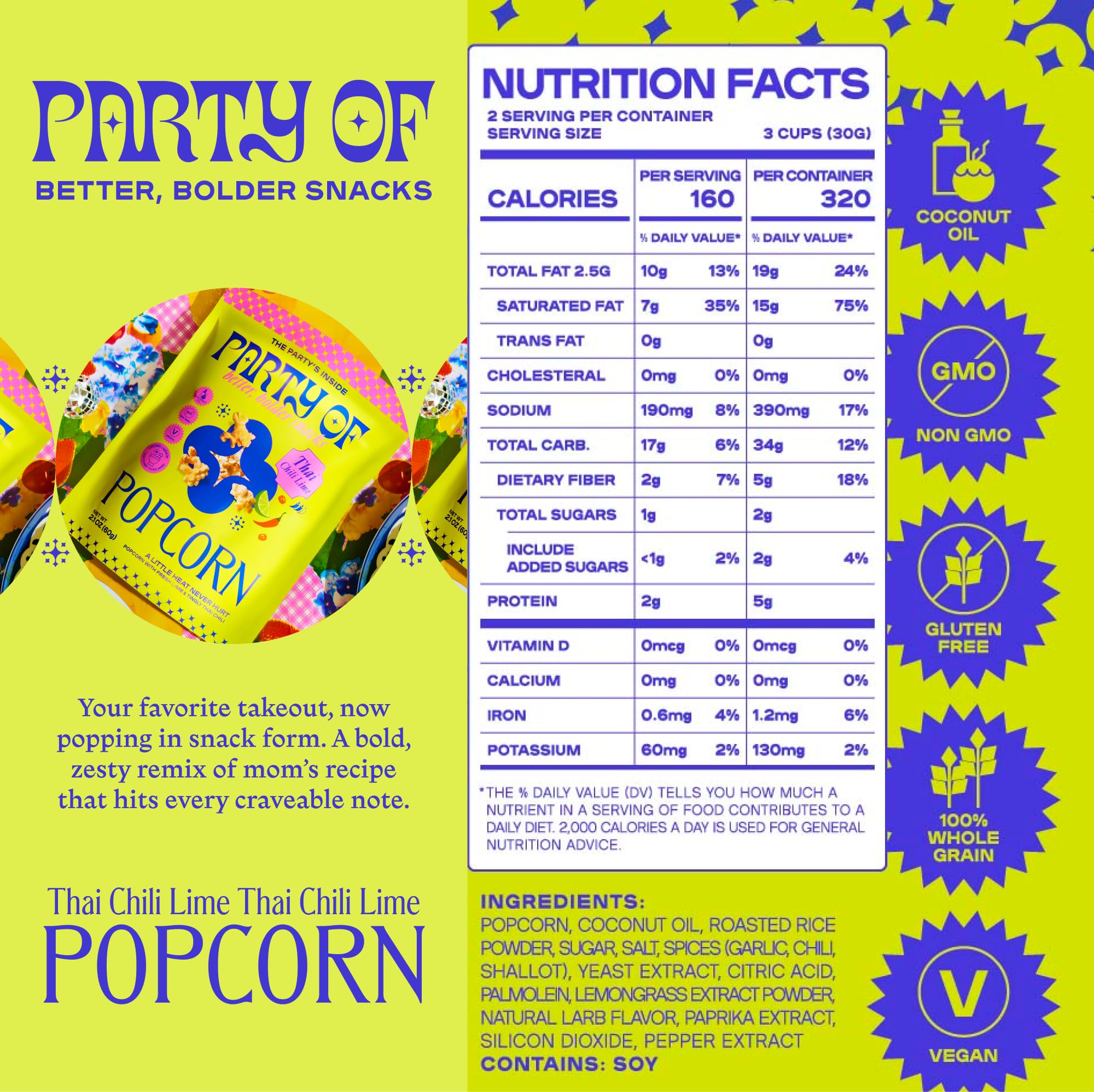 Party of Thai Chili Lime Popcorn Snack - Savory Citrus Heat with Spicy Kick - Gluten-Free, Veggie-Based, Healthy Snack - Individually Wrapped for Easy