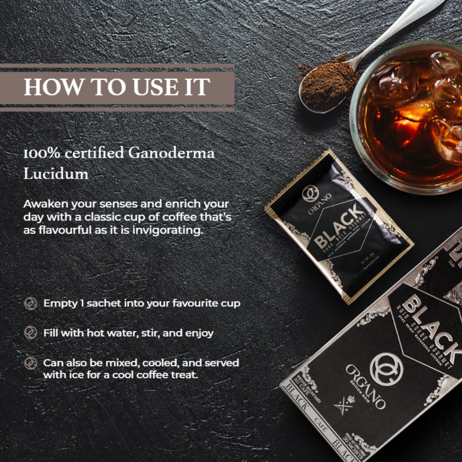ORGANO Gourmet Black Coffee, 100% Certified Organic Ganoderma Lucidum (30 Sachets)
