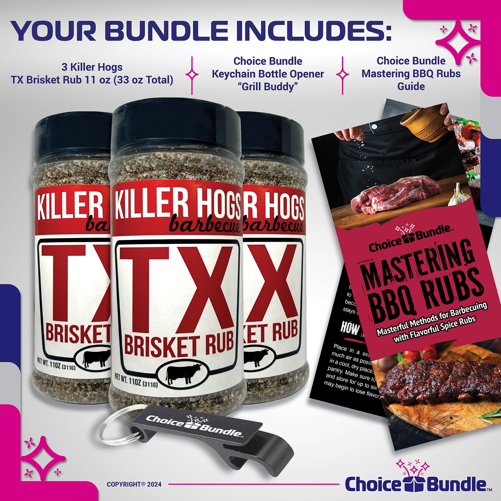 Killer Hogs TX Brisket Rub - Texas Style Premium BBQ Seasoning 3 pk (33 oz) + Barbecue Masters & Bottle Opener (5 Items)!
