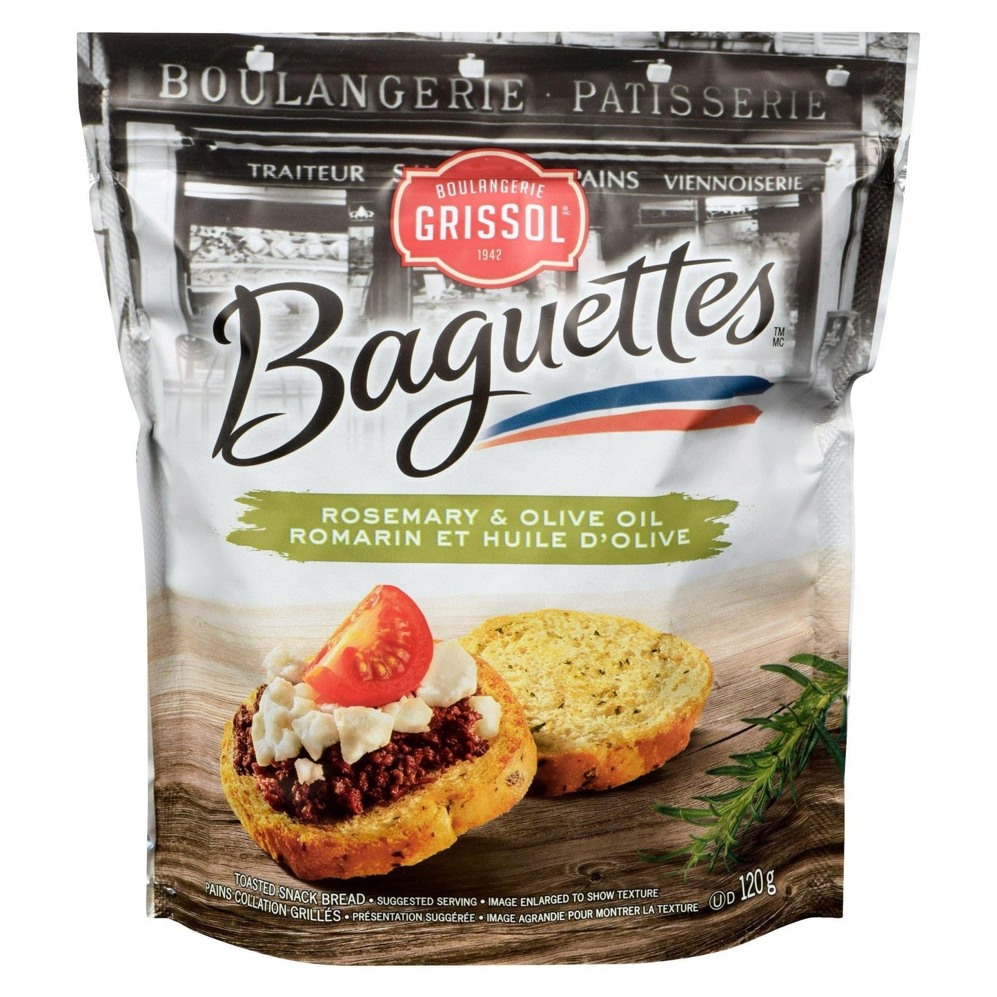 Boulangerie Grissol Baguettes, Rosemary & Olive Oil - Light and Crispy, Perfects as a Stand-Alone Snack or Topped 120g Unit Pack