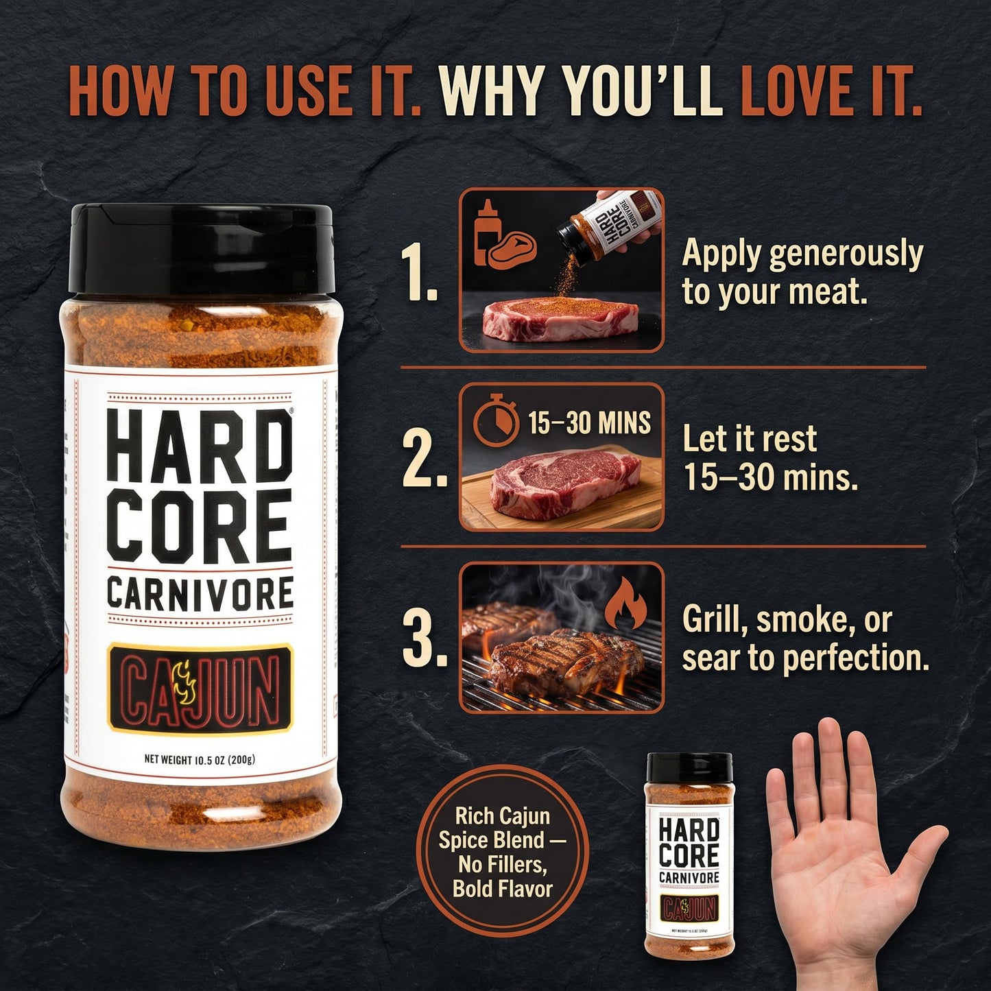 Hardcore Carnivore Cajun Bar-B-Q Rub Seasoning - 2x 10.5 oz Shaker Bottles - Rib Rub and Brisket Rub - Burger Seasoning and Steak Rub - Bbq Rub