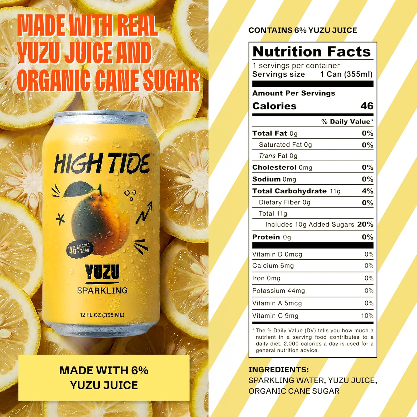 High Tide Yuzu Sparkling Juice - Flavored Carbonated Water Beverage, 46 Calorie per Can, Made with Real Yuzu Juice (Not from Concentrate), Lightly