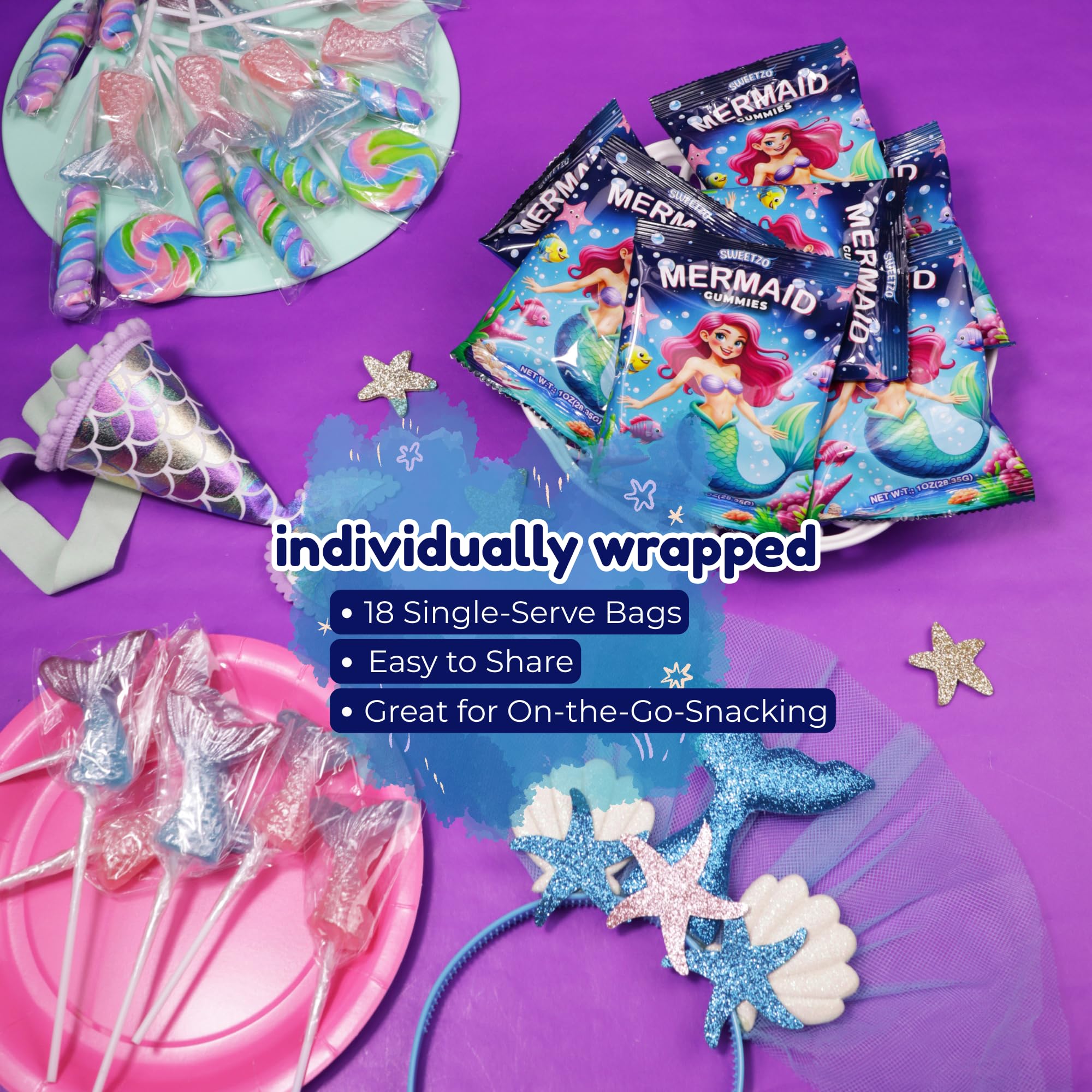 Mermaid Gummy Candy, Individual Bags for Birthday Parties, Assorted Fruit Flavors, Party Favor Treats, 18 Count