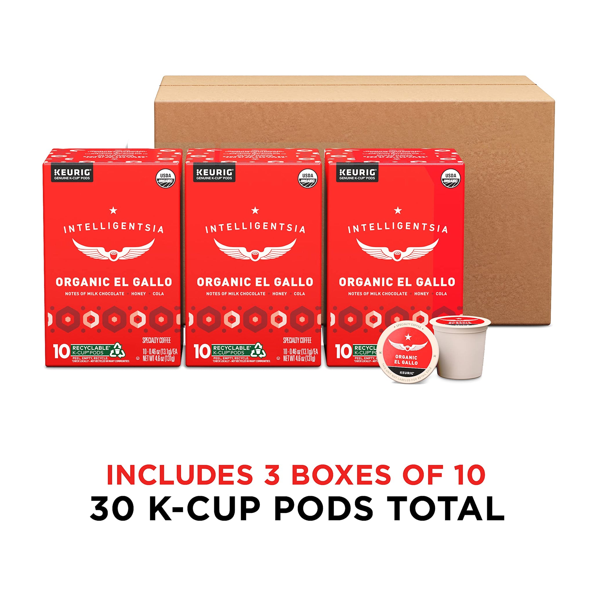 Intelligentsia Coffee, Light Roast K-Cup Coffee Pods for Keurig Brewers - Organic El Gallo 30 Count with Flavor Notes of Milk Chocolate, Honey