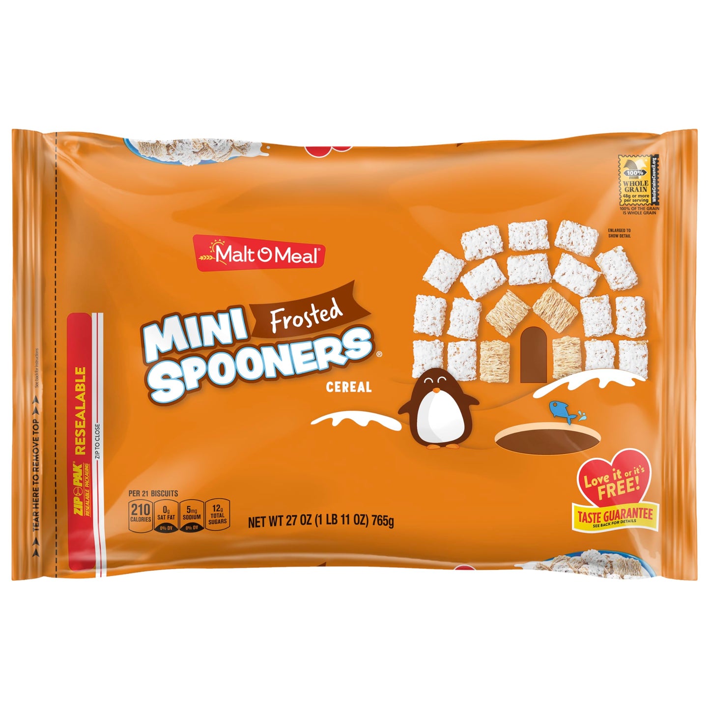 Malt-O-Meal Mini Frosted Spooners Breakfast Cereal, Sweet Frosted-Wheat Squares, Family Bulk Size, 27 oz Resealable Bag