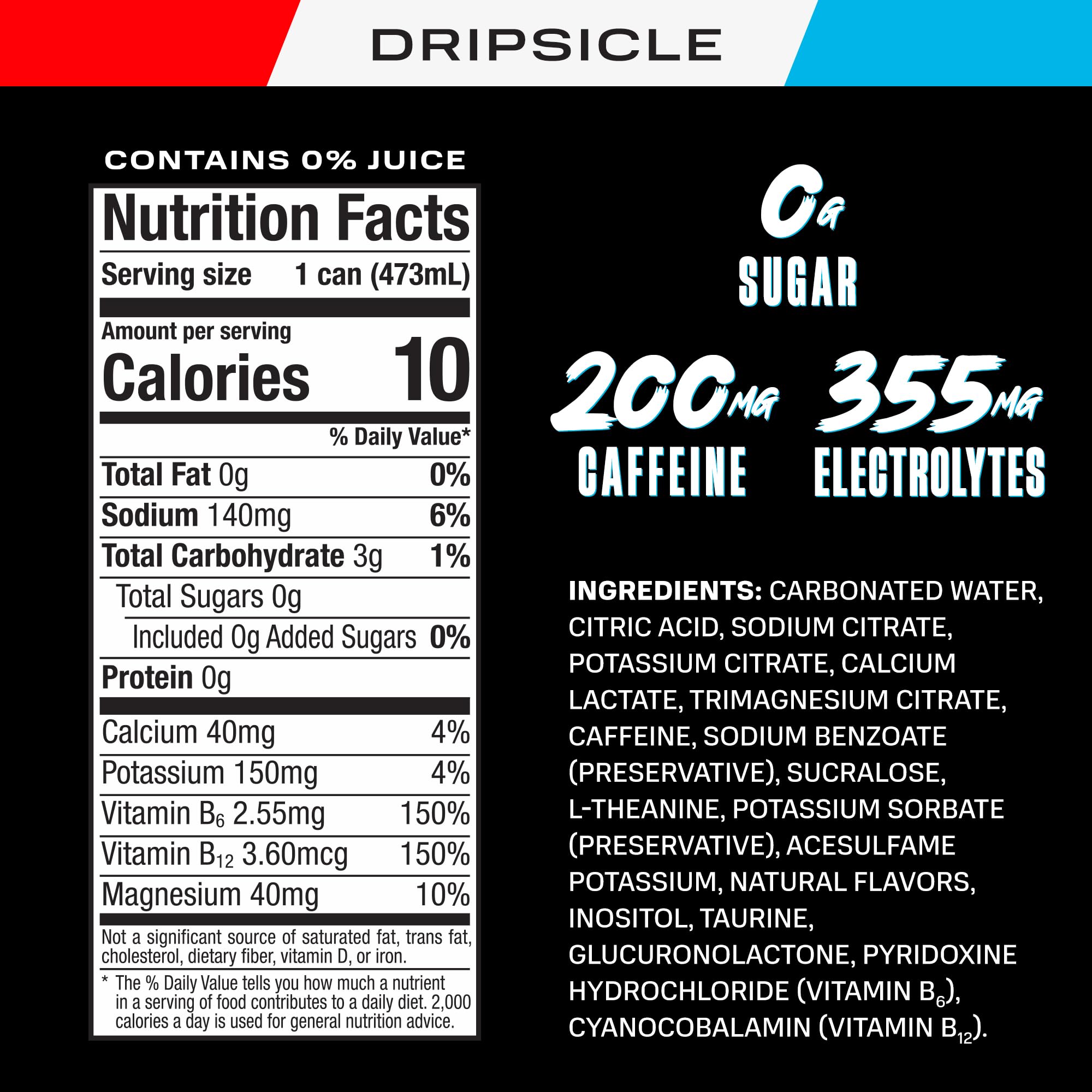 PRIME Energy DRIPSCICLE, Sugar Free Energy Drink, 200mg Caffeine and 355mg of Electrolytes for Hydration, Low Calorie, Vegan, Gluten Free, 16 Fluid