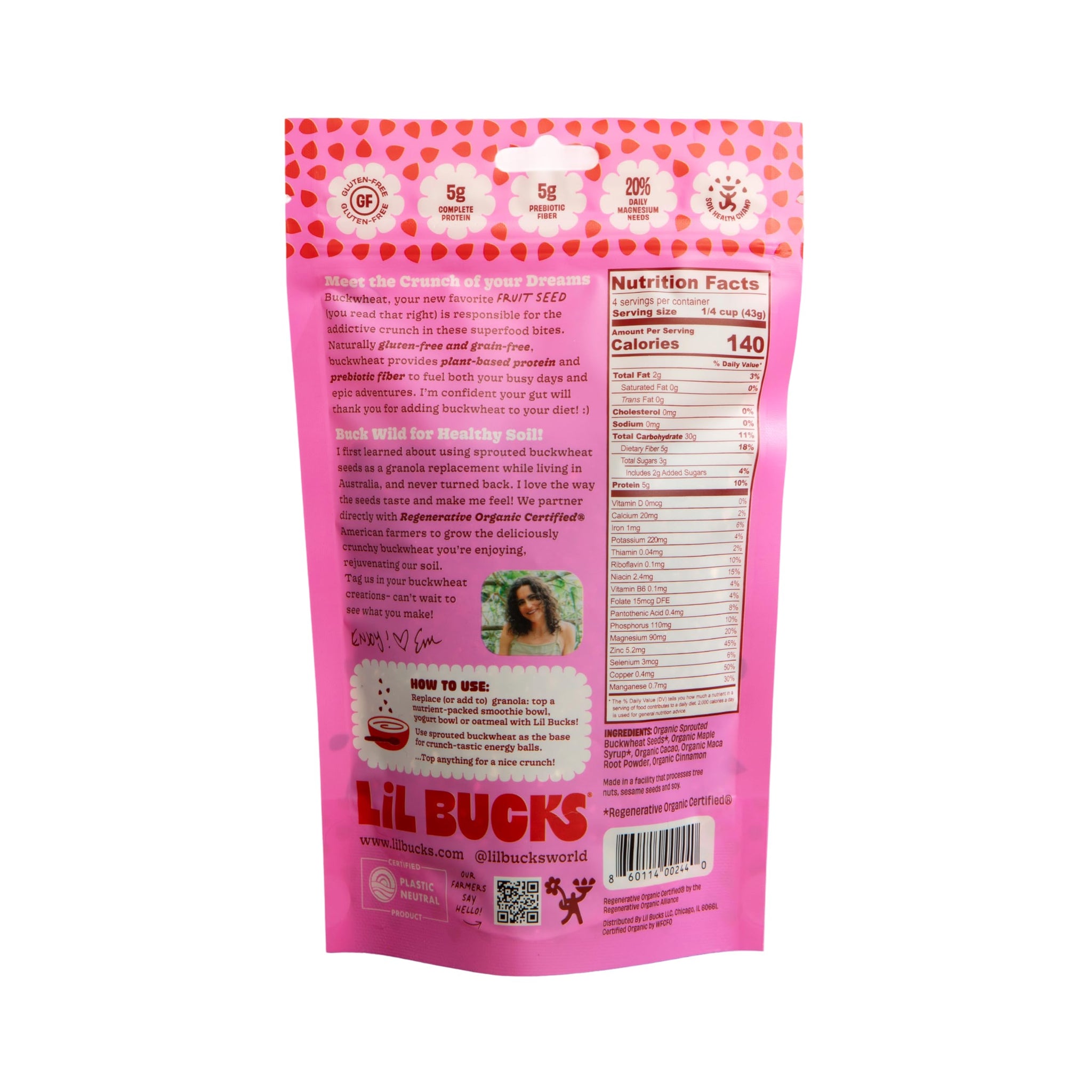 Lil Bucks Sprouted Regeneratively Grown Buckwheat Seeds- Paleo Cereal, Gluten-Free Granola, High in Protein, Low Sugar, Organic Superseed Crunch