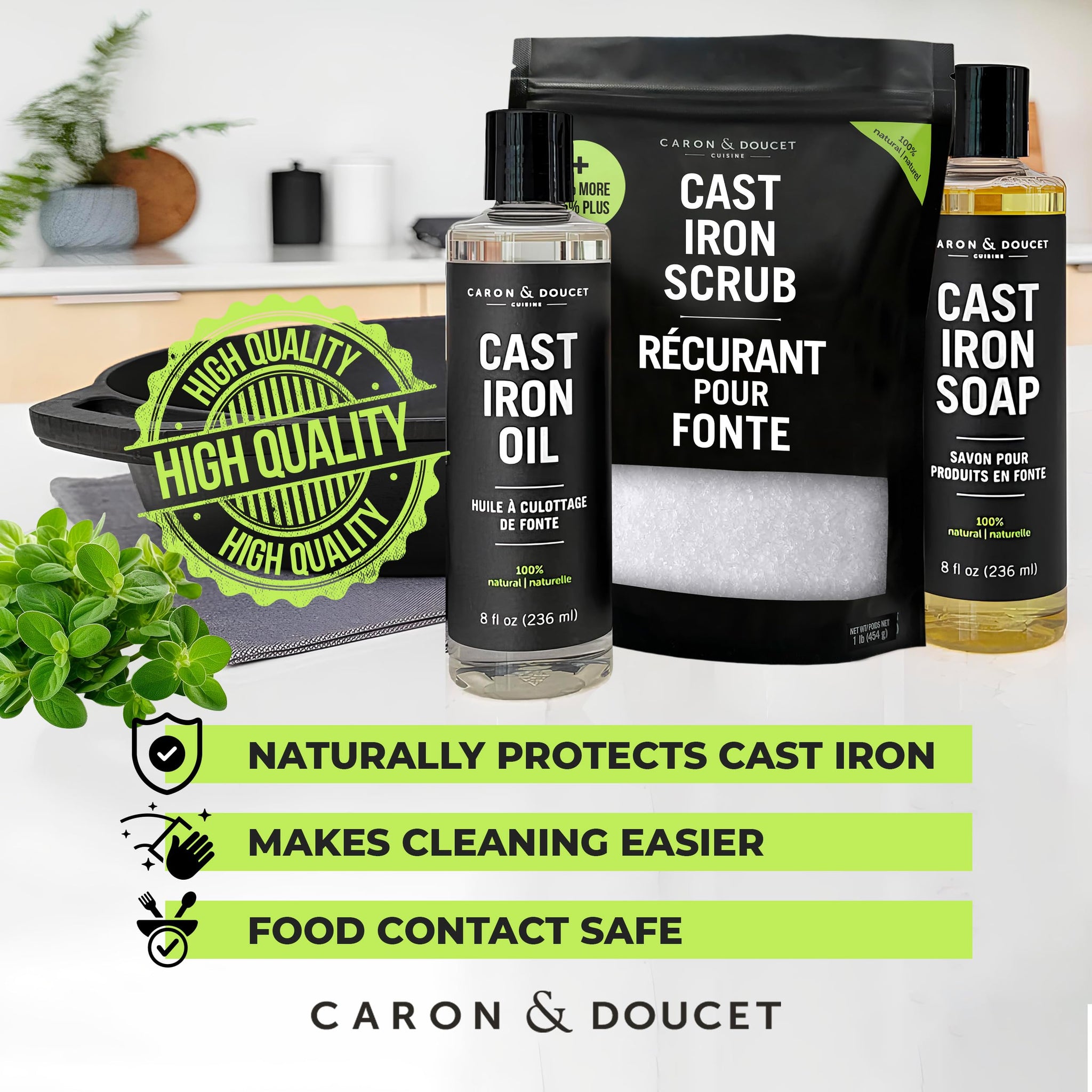 CARON & DOUCET - New Ultimate Cast Iron Set: Seasoning Oil, Cleaning Soap & Restoring Scrub | 100% Plant-Based & Best for Cleaning Care, Washing