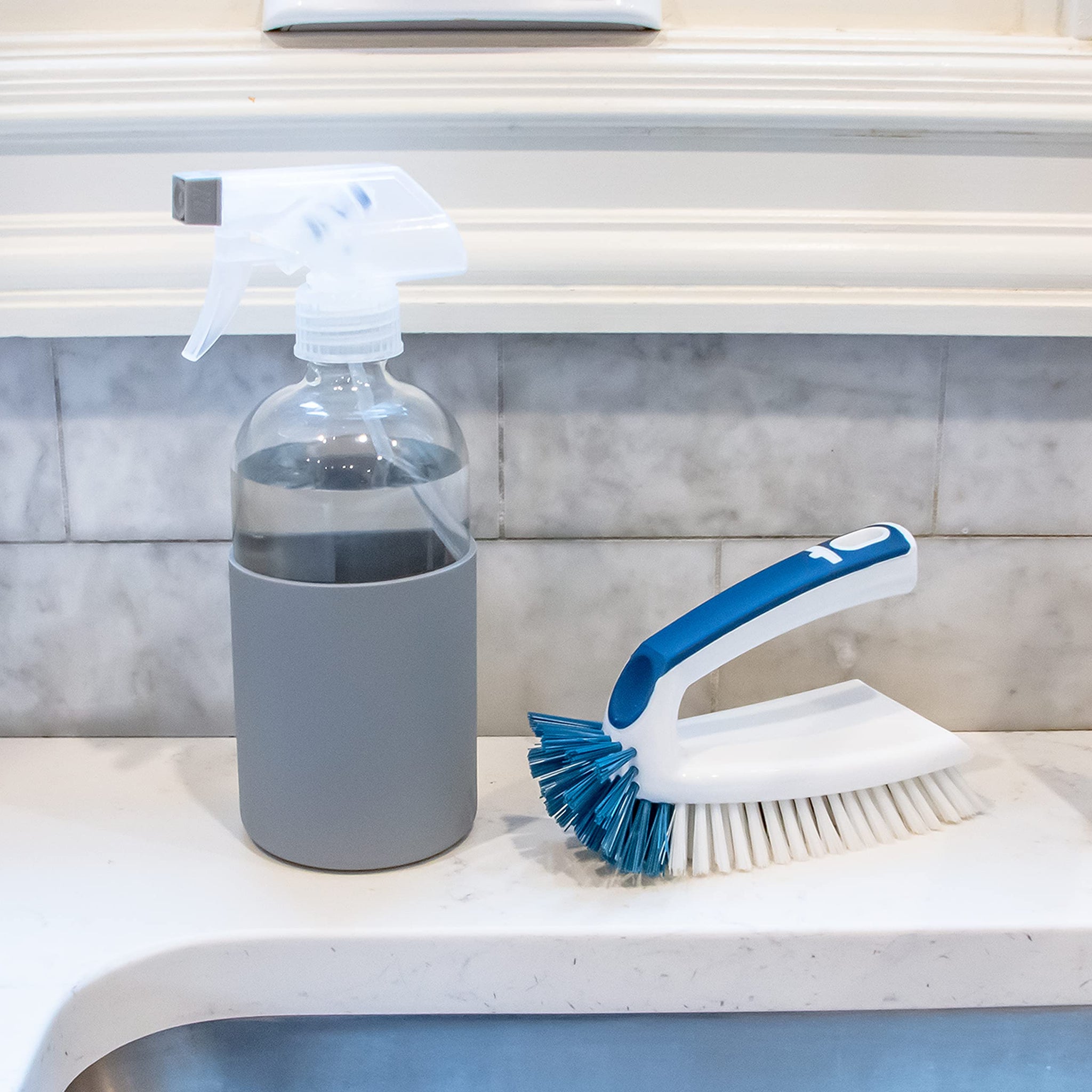 Unger Multi-Purpose Counter and Fixture Scrub Brush, Non-Slip Small Household Cleaning Supplies, Removes Dirt and Grime from Bathroom Sinks, Kitchen