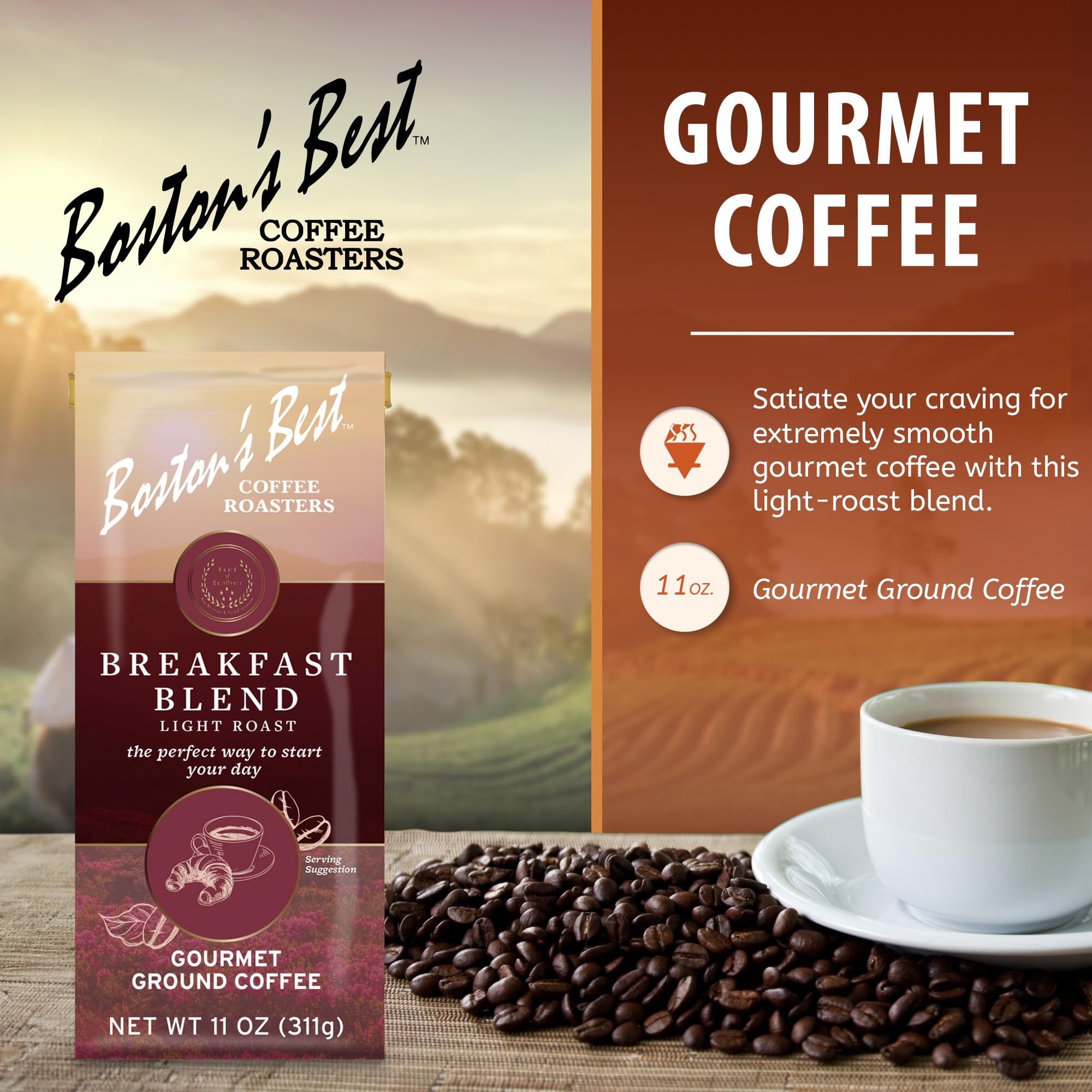 Boston’s Best Coffee - Smooth Light-Roast Breakfast Blend Gourmet Premium Ground Coffee, 11 oz. / 311 g Bag