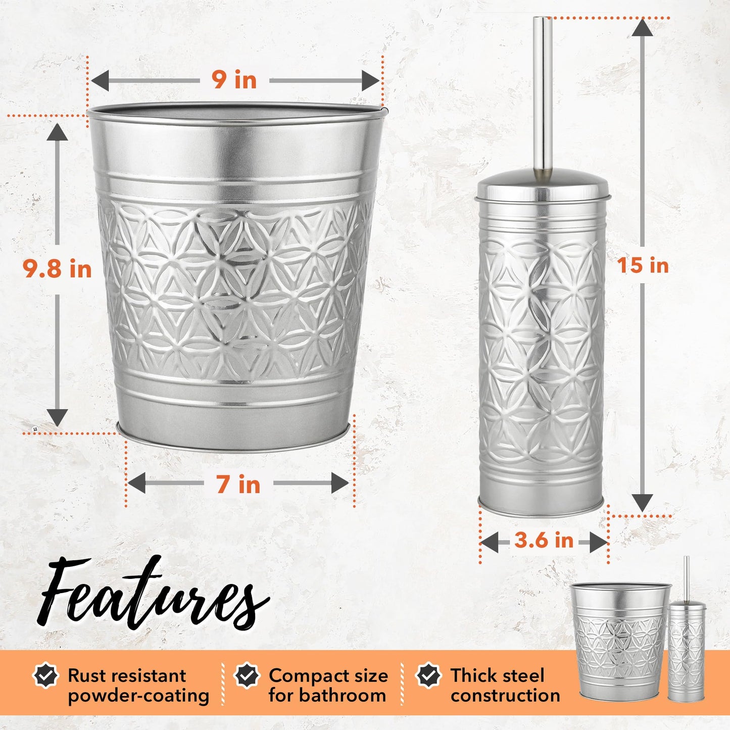 Autumn Alley Brushed Nickel Bathroom Trash Can and Toilet Brush Set - 2-Piece Silver Metal Bathroom Accessories Set, Modern Farmhouse & Transitional