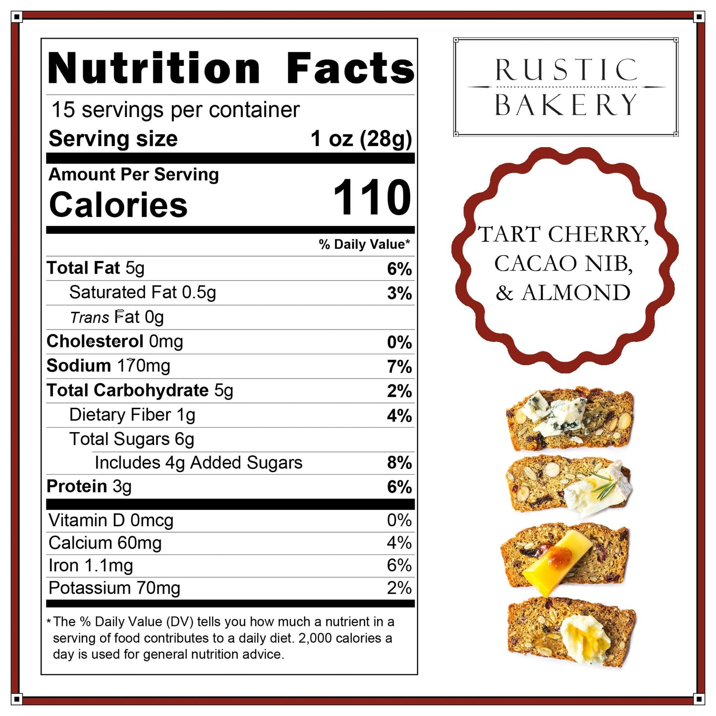 Rustic Bakery Artisan Crisps - Tart Cherry, Cacao Nib, & Almond - Artisan Crackers for Cheese Platter or Snacking - Slightly Sweet Cracker for Cheese