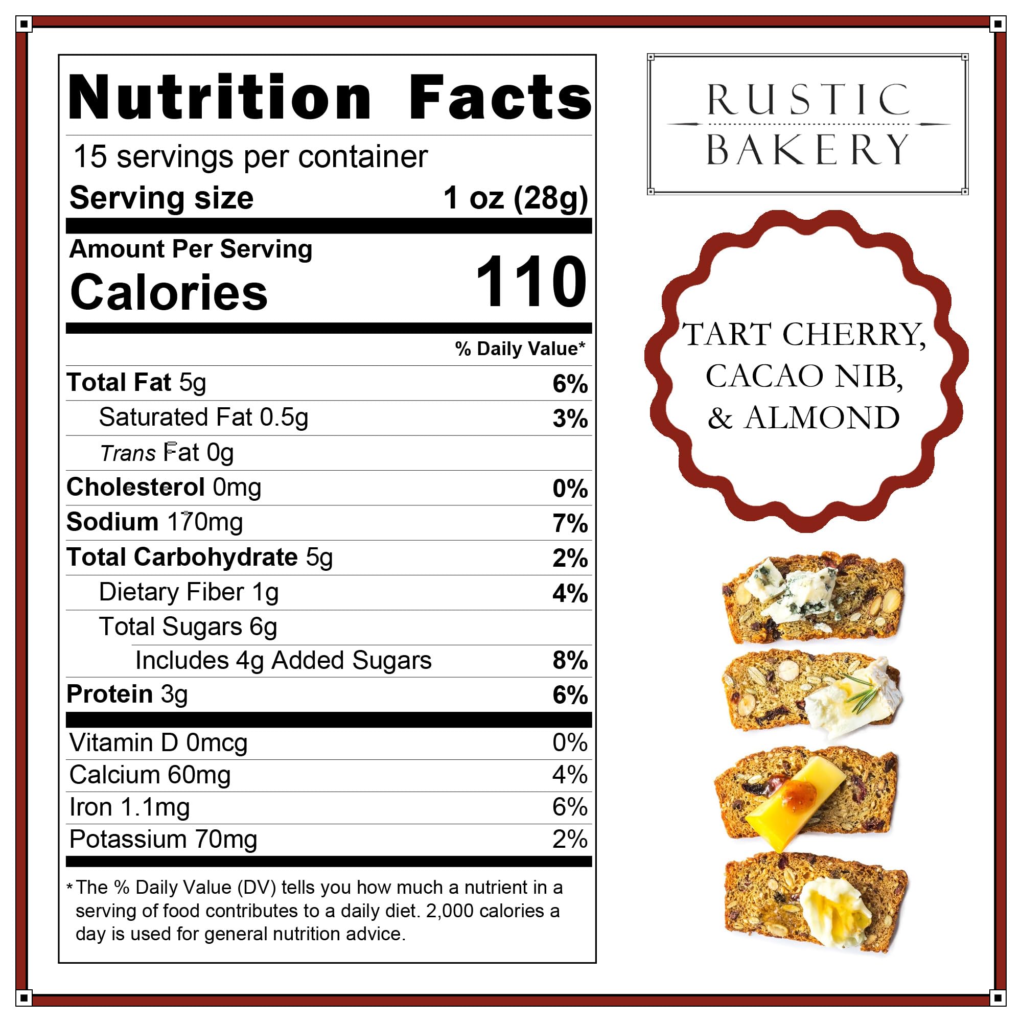 Rustic Bakery Artisan Crisps - Tart Cherry, Cacao Nib, & Almond - Artisan Crackers for Cheese Platter or Snacking - Slightly Sweet Cracker for Cheese