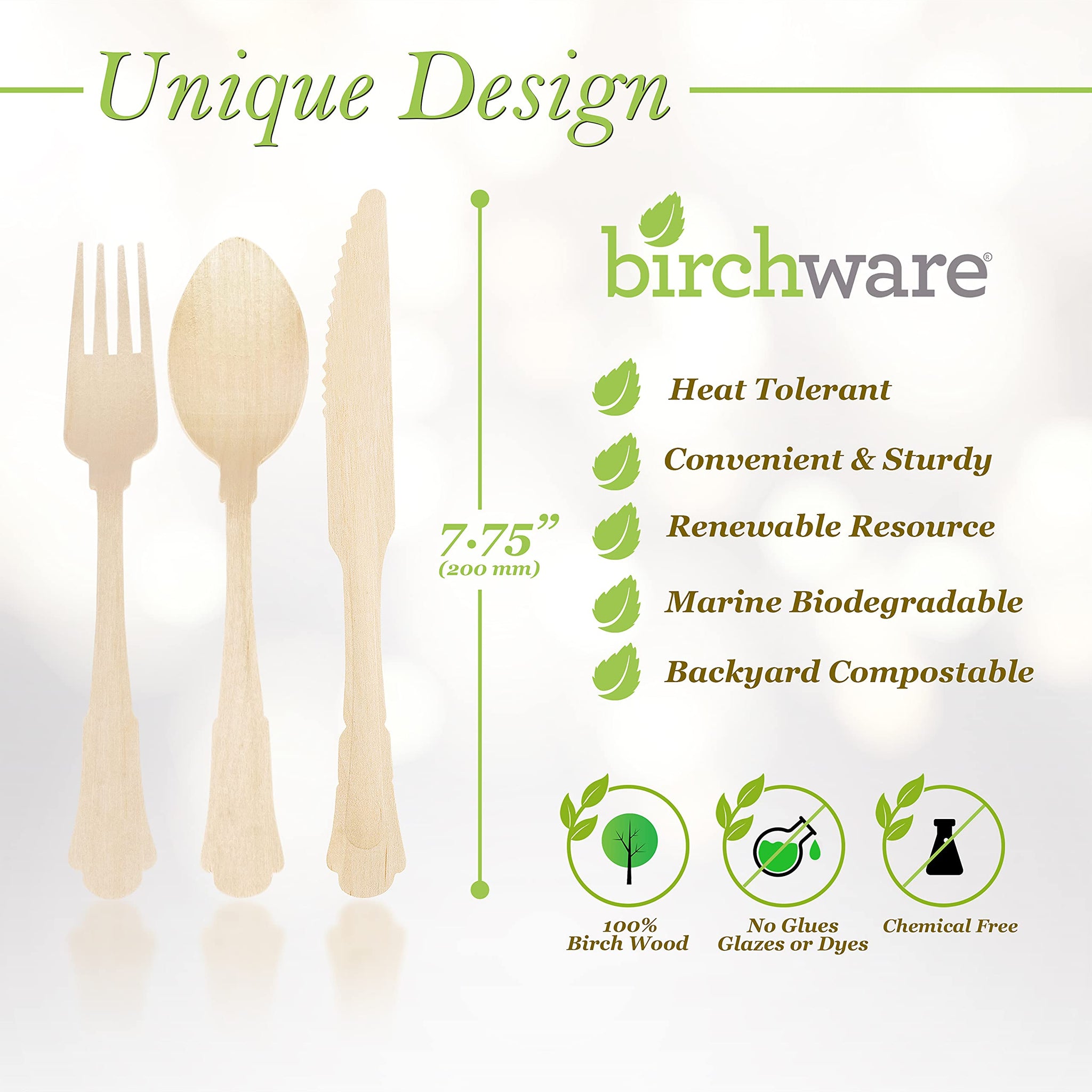 Birchware Elegant Forks 7.75” - (100 Count) Compostable Wooden Forks, Biodegradable Party Supplies, Sturdy, Heat Tolerant and Eco-Friendly.