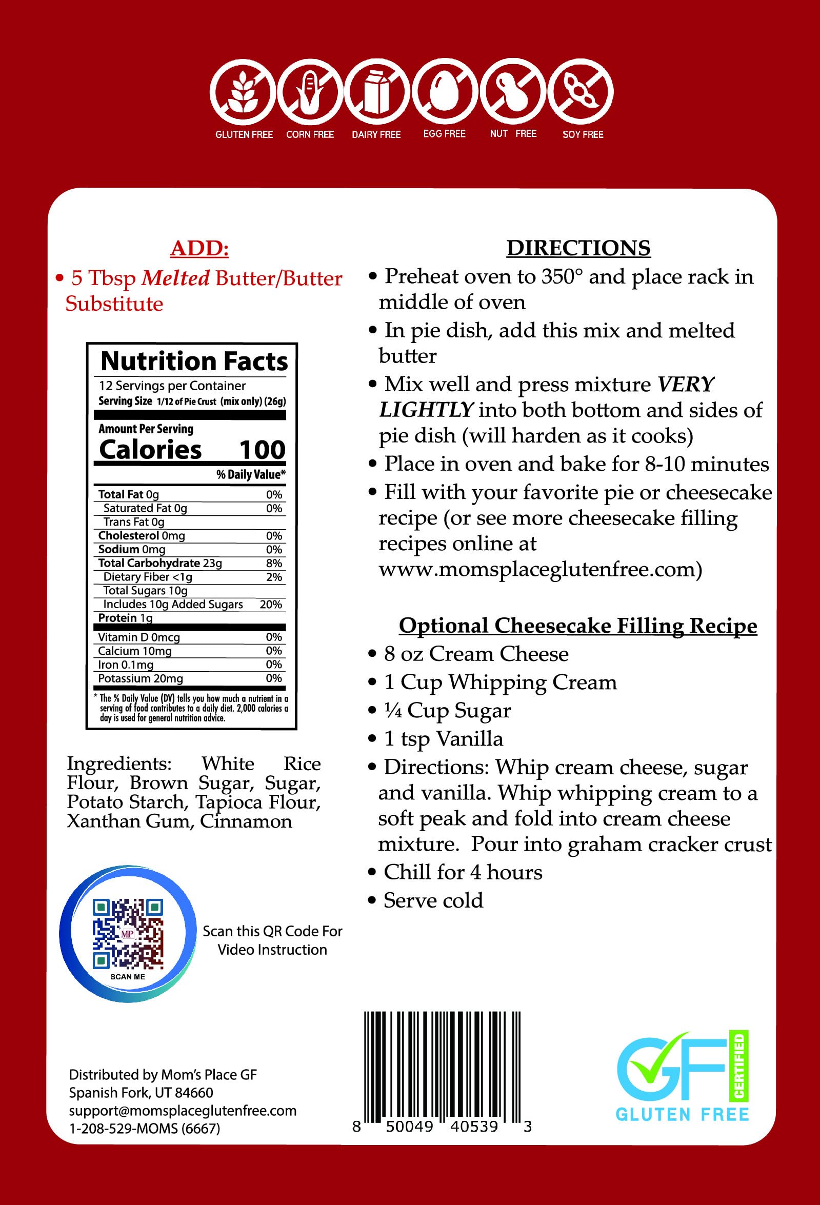 Mom's Place Gluten-Free Simple Graham Cracker Crust Mix - Dairy Free, Nut Free, Soy Free & Corn Free, 11 oz