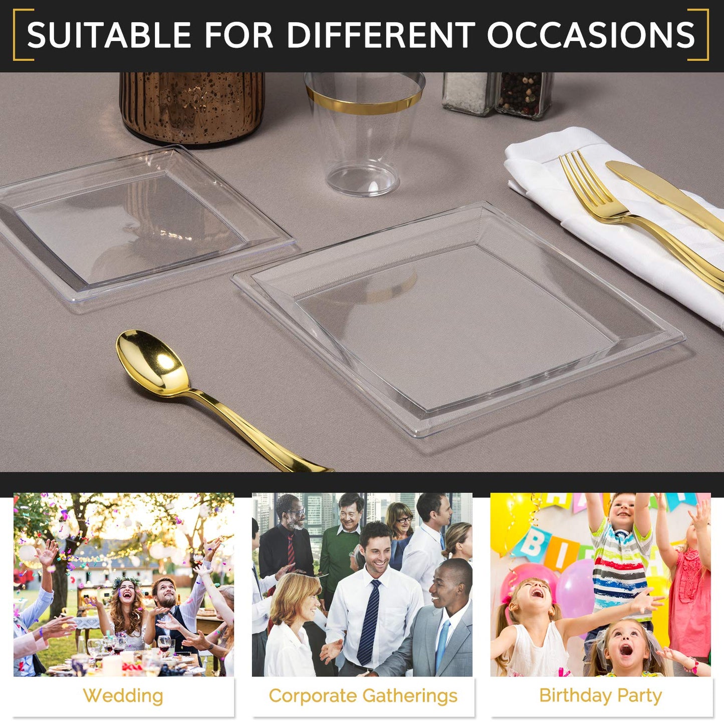 Oasis Creations Clear Square Plates Set 9" - 50 Count - Premium Hard Clear Plastic - Disposable and Reusable - Dinner - Salad - Party Plate Set