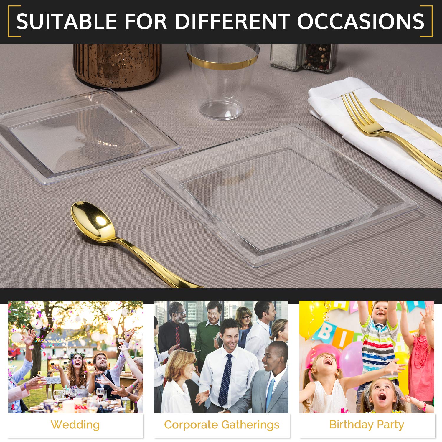 Oasis Creations Clear Square Plates Set 9" - 50 Count - Premium Hard Clear Plastic - Disposable and Reusable - Dinner - Salad - Party Plate Set
