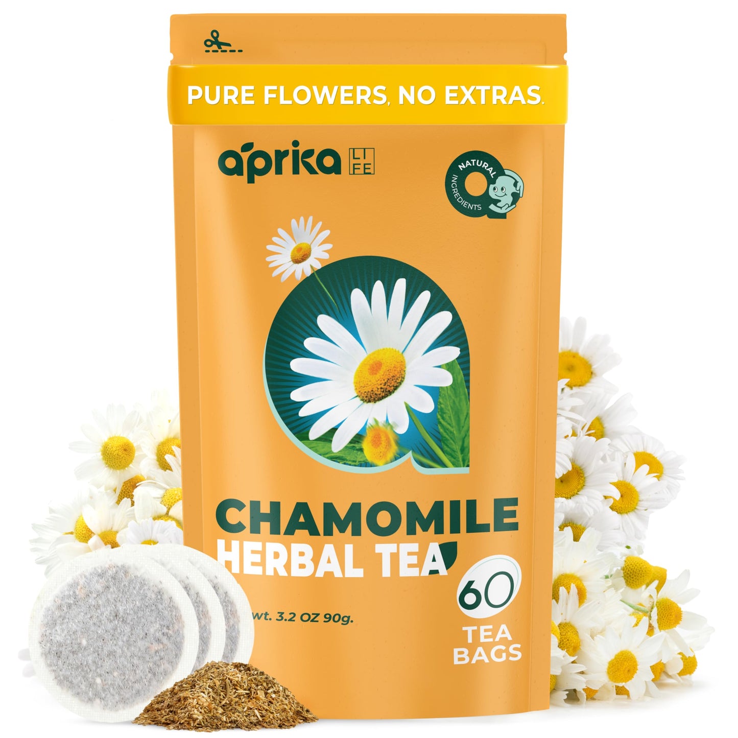 100% Pure Chamomile Tea - Only Flowers without Stems, Chamomile Tea Bags Caffeine Free, 60 count, Calming Tea Te De Manzanilla by Aprika Life