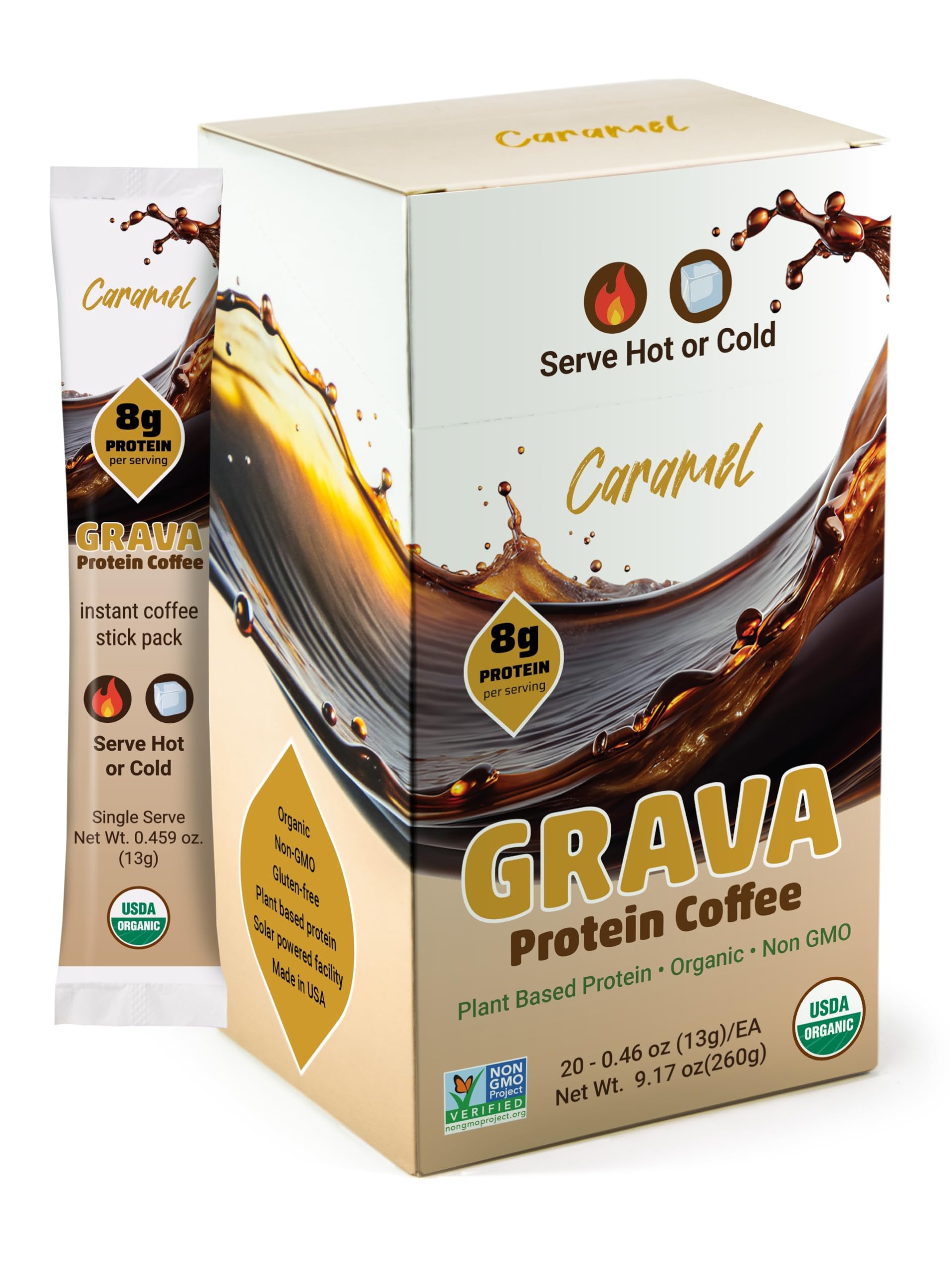 Grava Organic Plant Protein Coffee Sticks Caramel - 8g Plant Protein, 80mg Caffeine - Monk Fruit Sweetener - USDA Organic, Non-GMO & Fair Trade