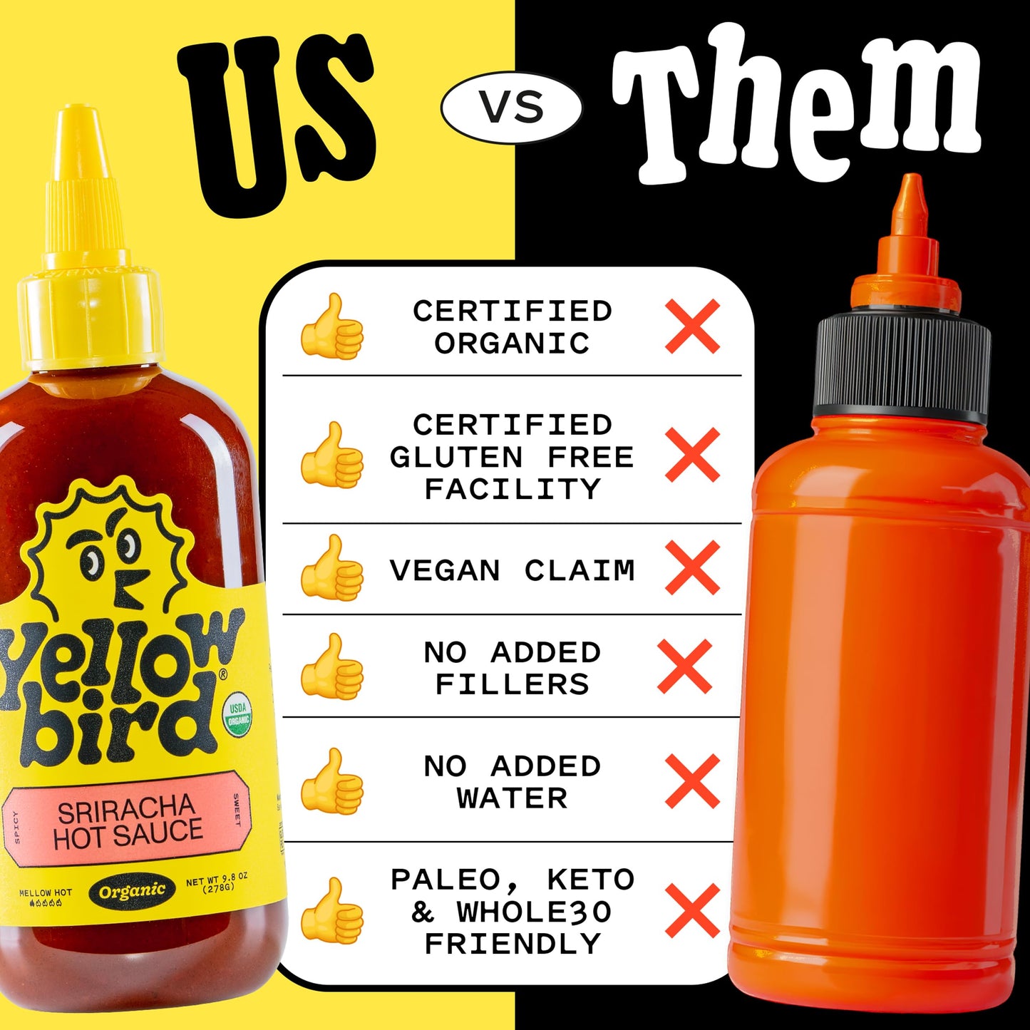 Yellowbird Organic Sriracha Hot Sauce (9.8 oz) Mellow Hot - Sweet, Spicy & Garlicky - Made With Organic Garlic, Red Jalapeno Peppers, Dates & Lime