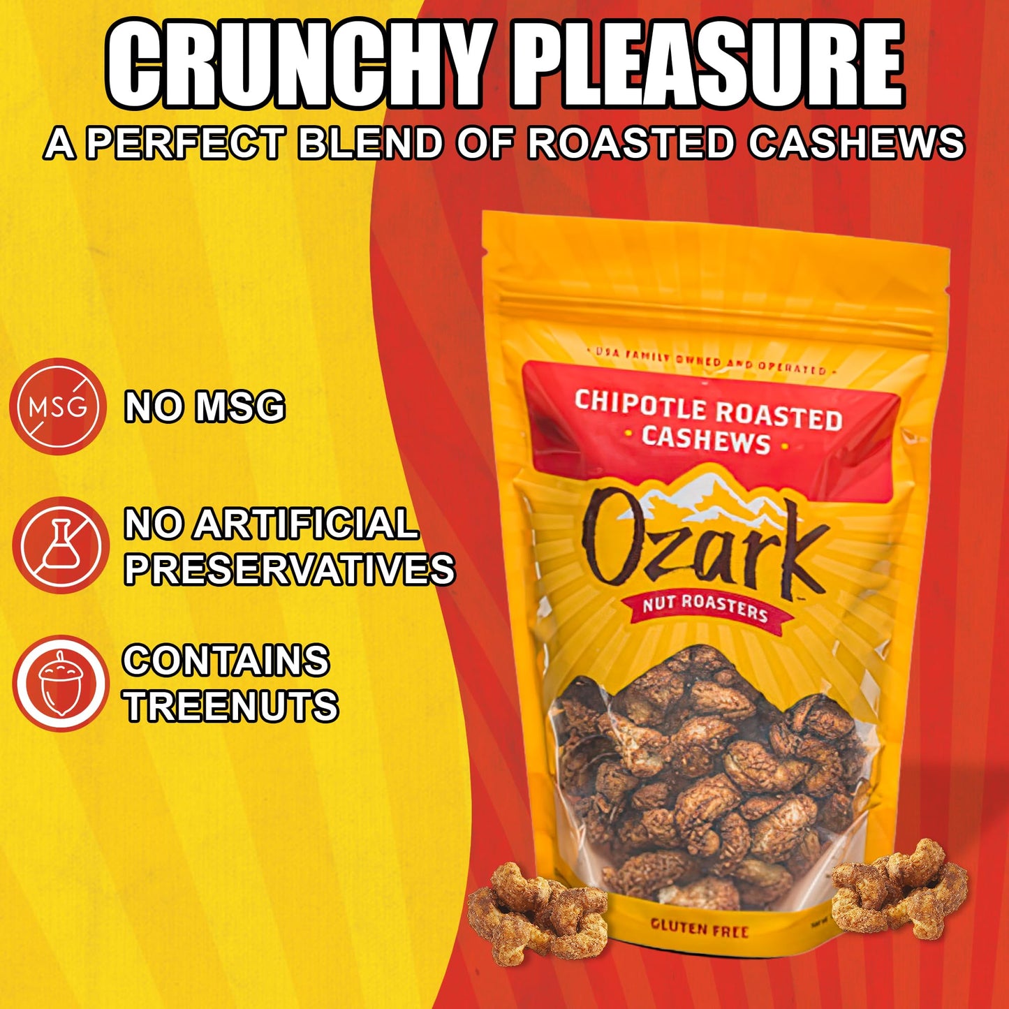 OZARK NUT ROASTERS, Chipotle Roasted Cashews with Spicy Kick, Flavored Savory Snacks, World-Class Gourmet Candied Nuts, Resealable Pack (14 oz)