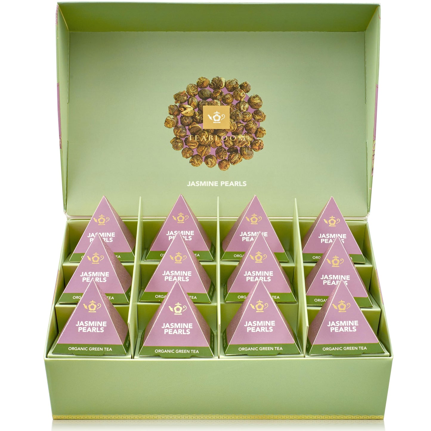 Teabloom Jasmine Pearls - USDA Organic Jasmine Green Tea in Plant-Based Pyramid Sachets - Luxury Tea Gift Box with 12 Compostable Sachets - Kosher