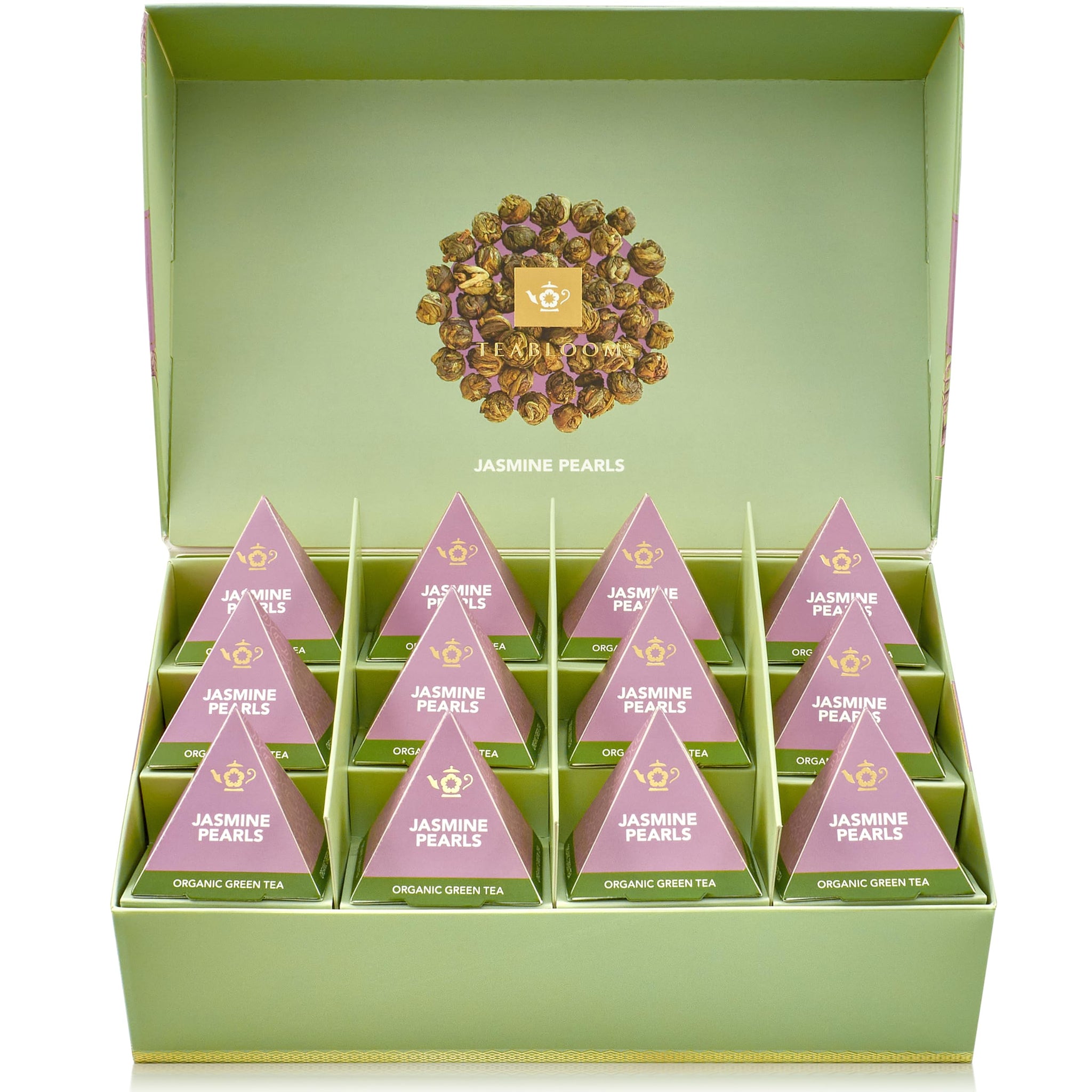 Teabloom Jasmine Pearls - USDA Organic Jasmine Green Tea in Plant-Based Pyramid Sachets - Luxury Tea Gift Box with 12 Compostable Sachets - Kosher