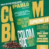 Pablo Artisan Colombia Supremo 18 Single Origin Coffee Beans - Medium Light Roast Whole Bean Coffee, 100% Arabica Colombian Espresso Beans, Washed