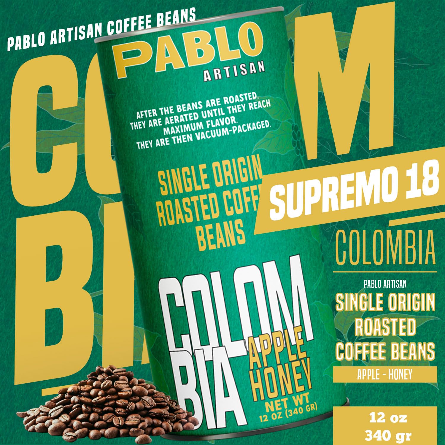 Pablo Artisan Colombia Supremo 18 Single Origin Coffee Beans - Medium Light Roast Whole Bean Coffee, 100% Arabica Colombian Espresso Beans, Washed