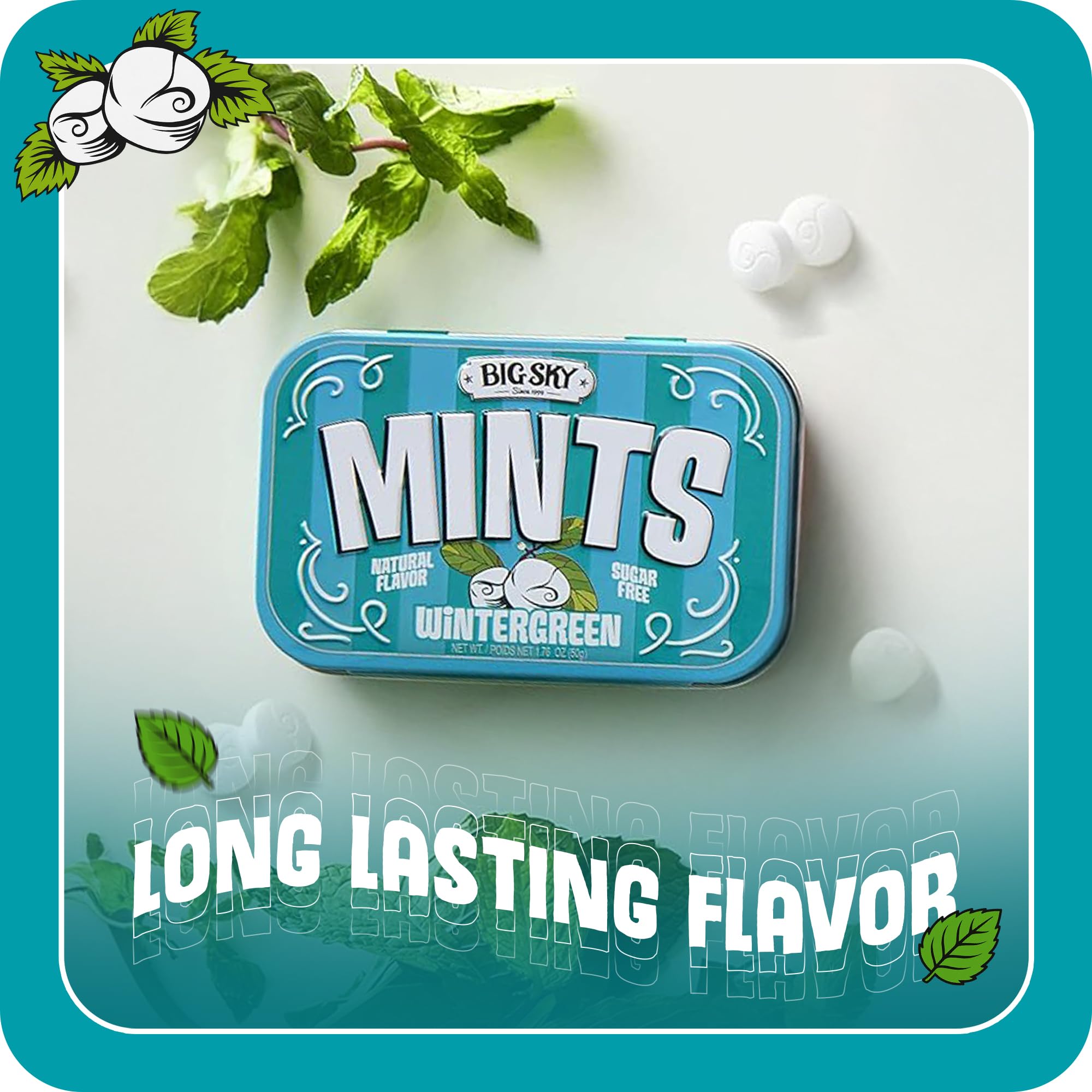 Big Sky Sugar Free Wintergreen Mints - 50 Count Tin (Pack of 6) | Kosher Certified, Vegan Wintergreen Candy | Aspartame & Gluten Free, Natural Breath