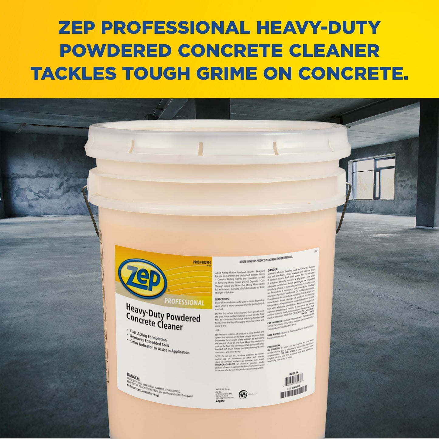 Zep Professional Heavy-Duty Powdered Concrete Cleaner, 40Lb. Bucket, Biodegradable, Dissolves Quickly and Removes Tough, Embedded Soils (R02934)
